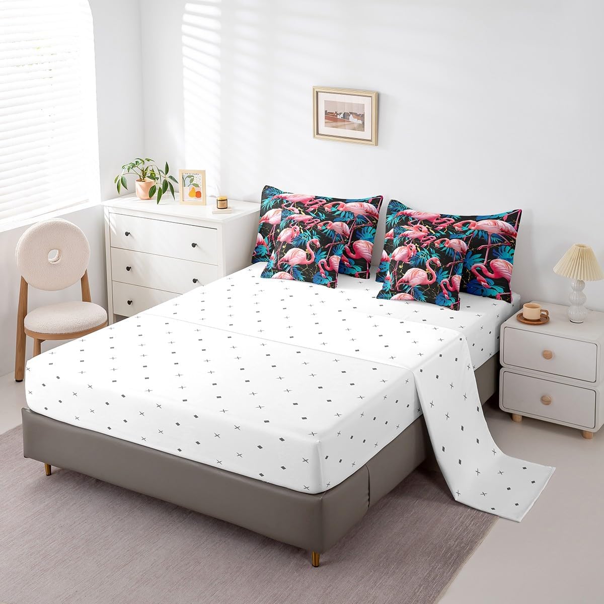 Castle Fairy Flamingo Comforter Set Queen Size,Tropical Palm Leaves Bedding Set for Kids Teens,Golden Black Marble (Comforter+Fitted+Flat Sheet+2 Pillowcases+2 Throw Pillow Covers) 7 Pieces