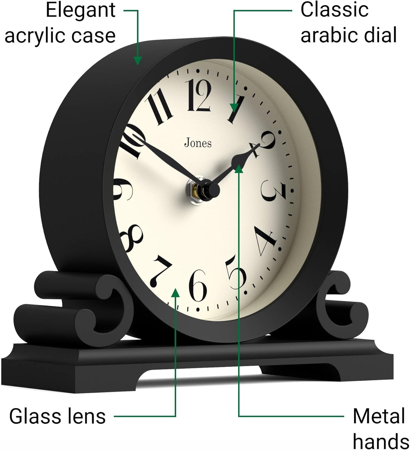 JONES CLOCKS® Saloon Mantel Clock | Small Traditional Double Scroll Design | Black | Contemporary Classic Style for Desk, Table, Shelf or Bedside