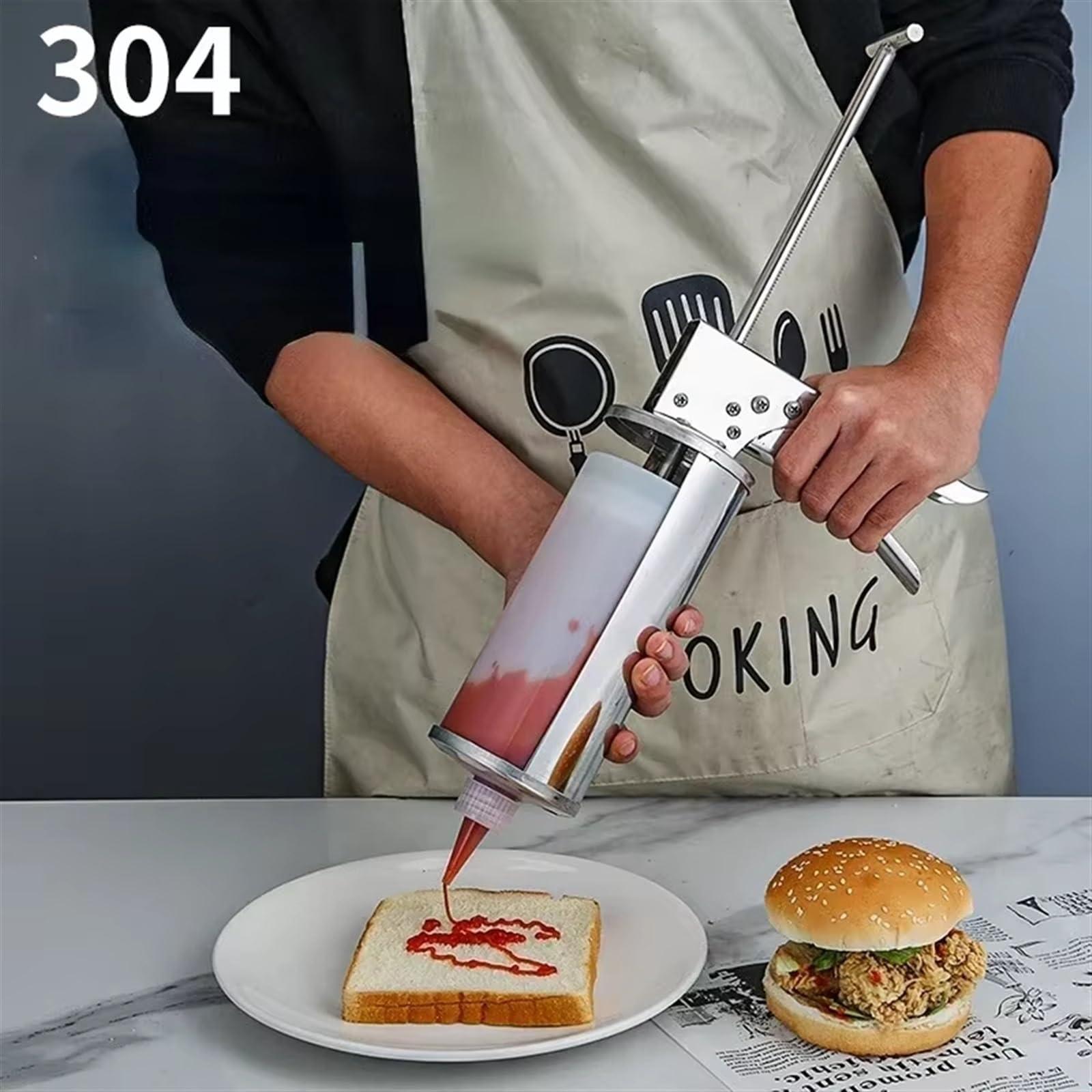 Ręczny dozownik sosów, butelka wyciskana ze stali nierdzewnej do keczupu, pomidora, sosu sałatkowego, 650 ml, napełniacz do dżemu hamburgerowego i pistolet do sosów z dwiema butelkami