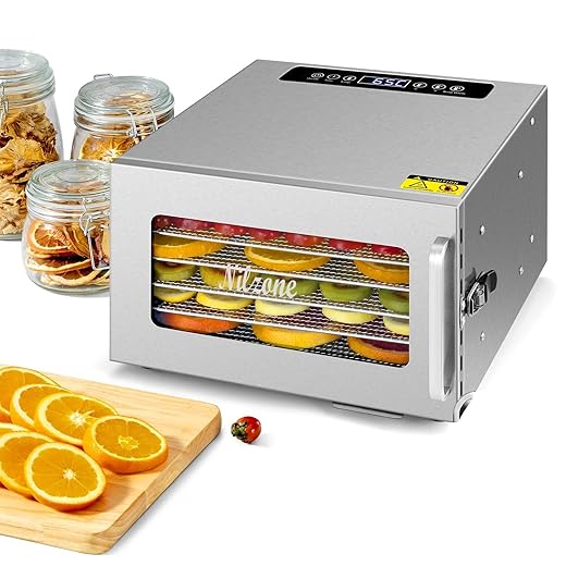 Nilzone Stainless Steel Dehydrator Machine With 6 Trays 500W for Fruit Vegetable Dryer Dehydration Machine Meat Drying Oven