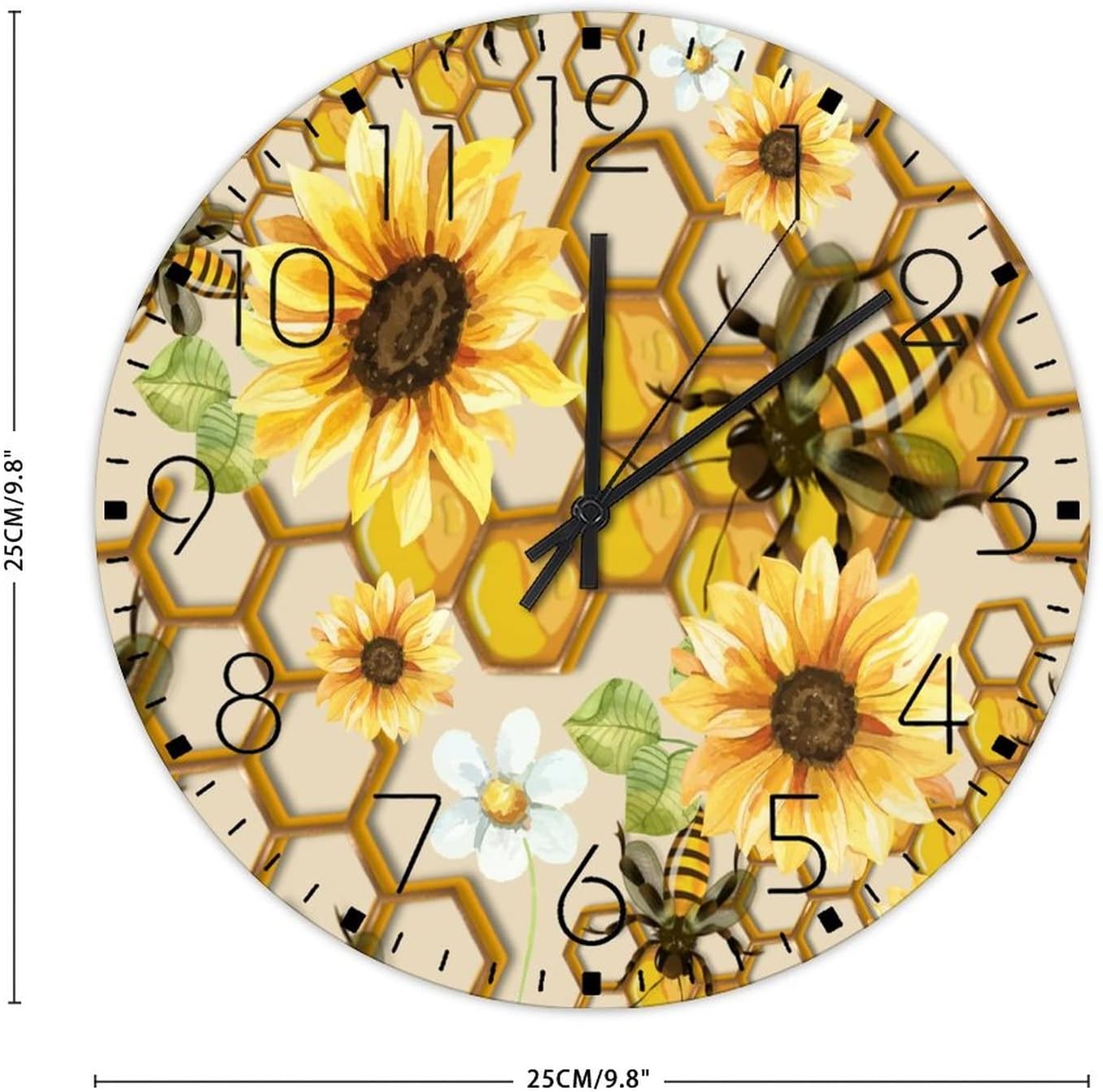 10 Inch Silent Wall Clock Sunflower and Bee Print Wall Decor for Hotel Modern Flowers Humble Bee Wall Clocks Round Wooden Wall Clock Rustic for Children's Room Restaurant
