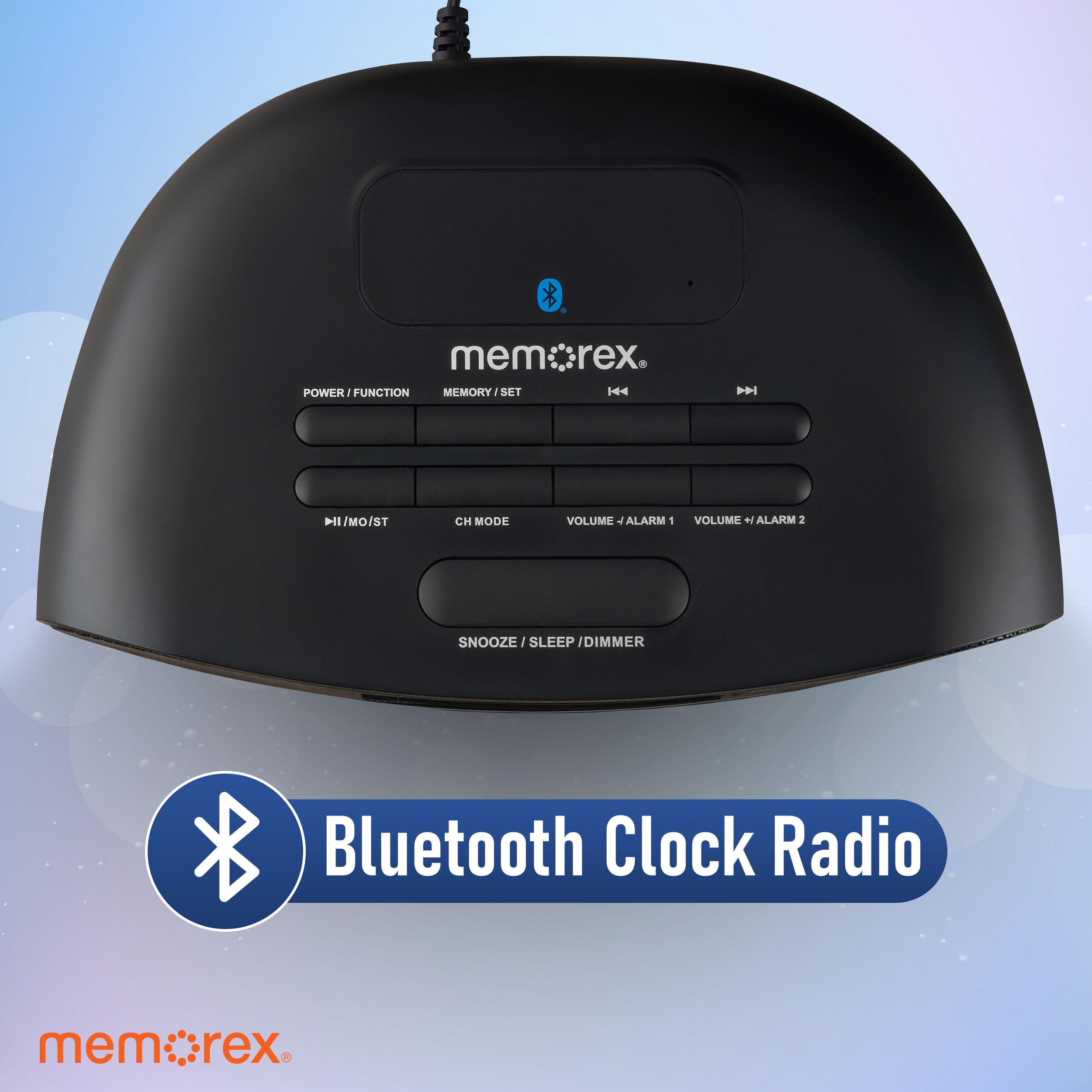 Memorex MX-CR160 - Radio reloj Bluetooth con carga USB, radio FM PLL con 20 preajustes, alarma dual, repetición, temporizador de sueño, pantalla LED de 0.9 pulgadas, respaldo de batería, reloj