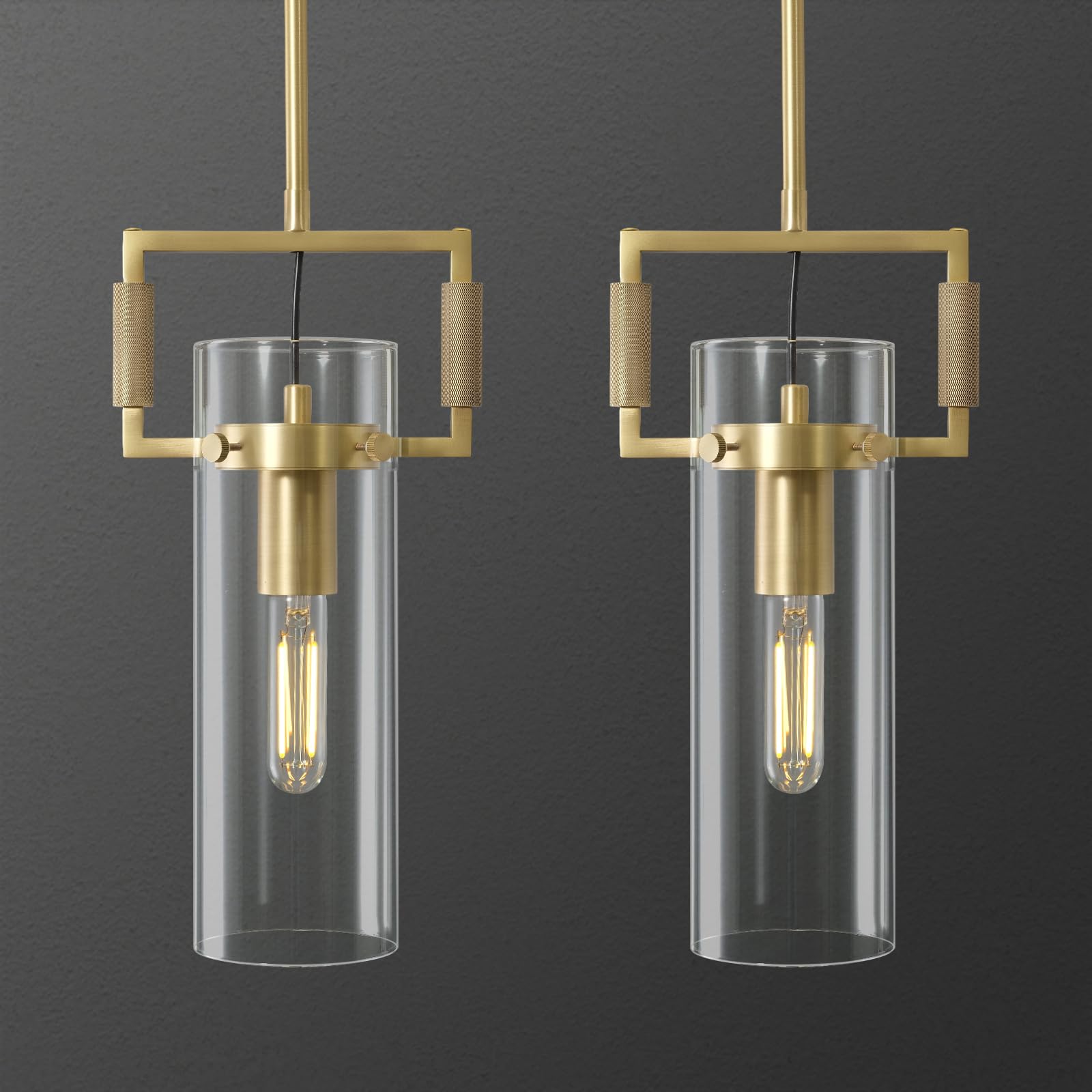 Brass Pendant Lights Kitchen Island, Modern Gold Pendant Lights 2 Pack,12Inch Glass Knurled Kitchen Pendant Lighting Over Island,Farmhouse Island