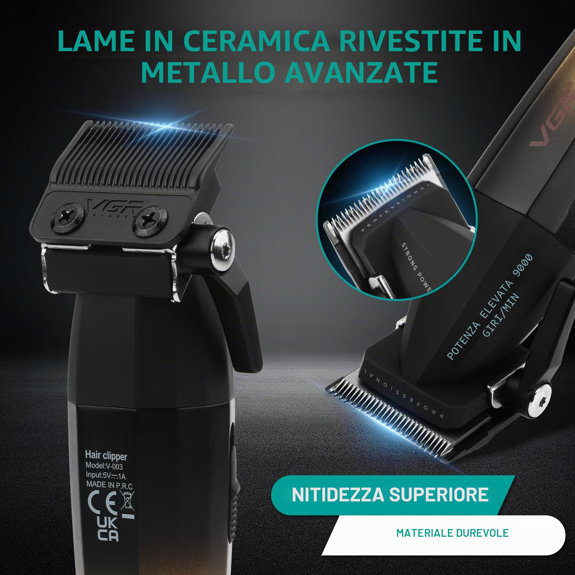 VGR Tagliacapelli professionale da uomo, kit senza fili, 9000 giri/min, macchina da barbiere per taglio di capelli da uomo, tagliacapelli lungo, leva conica, ricaricabile tramite batteria USB-C da 250