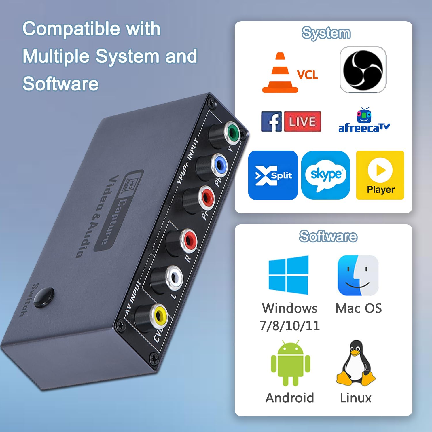 Convertidor VHS VCR RCA a digital, componente AV YPbPr a captura de video USB | Entrada de señal AV RCA YPbPr, salida digital USB 2.0 aplicable para consolas de juegos retro VHS, VCR, DVD, DVR