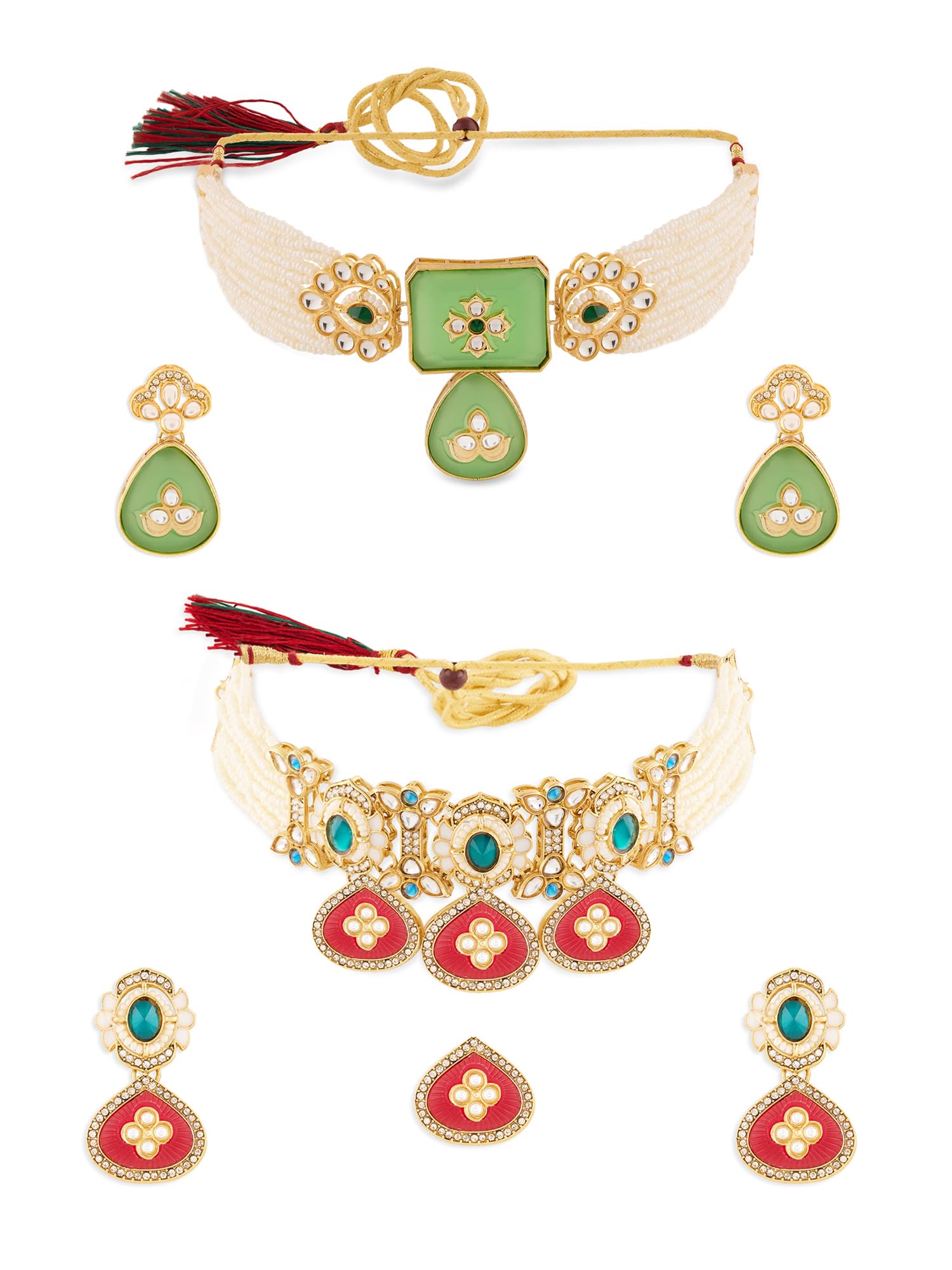 zaveri pearls Combo of 2 Multicolor Stones Multistrand Choker Necklace Earring & Ring Sets For Women-ZPFK22016-picture-22