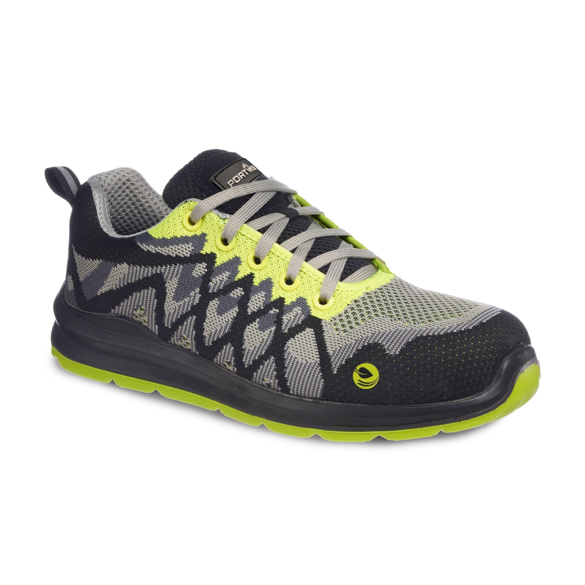 Portwest FC08 Composite Textile Trainer S1P Safety Shoe with Recycled Flyknit and Gel Comfort Footbed, Black/Yellow, 12
