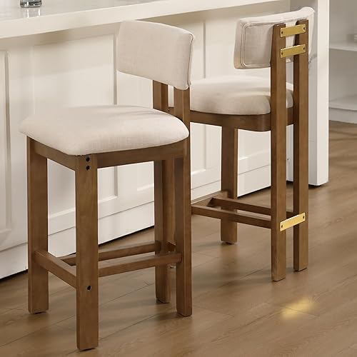 Juego de 2 taburetes de bar de 26 pulgadas de altura de mostrador con respaldo y patas de madera maciza, modernos taburetes de bar tapizados de lino