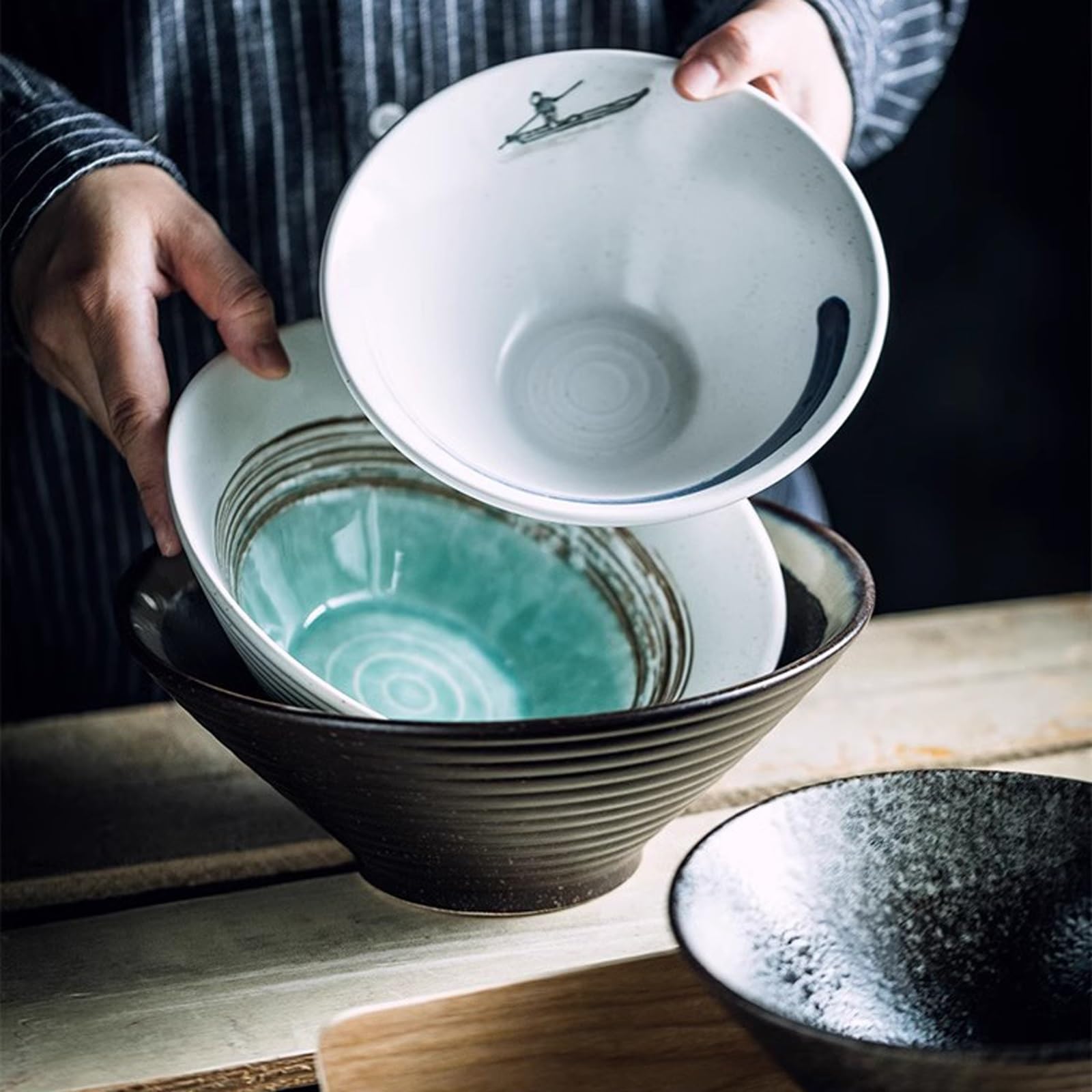 CFWSHJ Miski sałatkowe Miska na makaron chiński Lamian, Makaron w misce na zupę, Miska ceramiczna do użytku domowego, Miska do jadalni, Miska na bambusowy kapelusz, Zastawa stołowa Miski kuchenne na