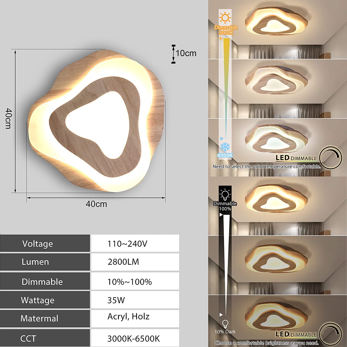 Lámpara de Techo Madera, Plafon LED Techo regulable con mando a distancia, Ø40cm 36W, Plafón Luz de Madera Redonda irregular, Con FuncióN de Memoria Para Cocina Salon Comedor Dormitorio Pasillo