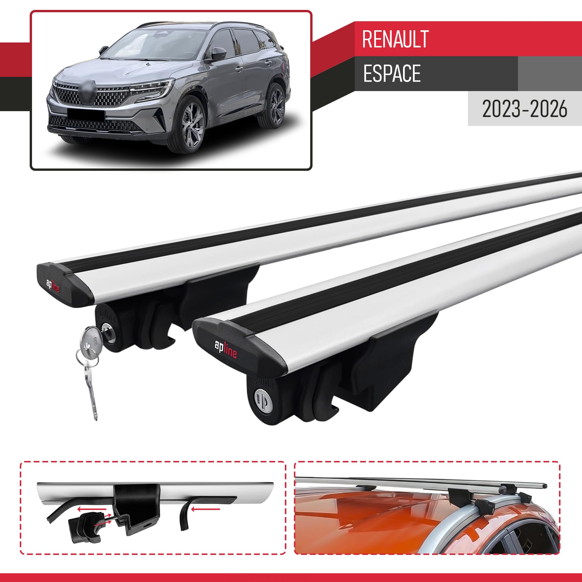 Kompatybilny z Renault Espace 2023-2026 HOOK Model Aluminiowe poprzeczki dachowe Szary 2 szt.