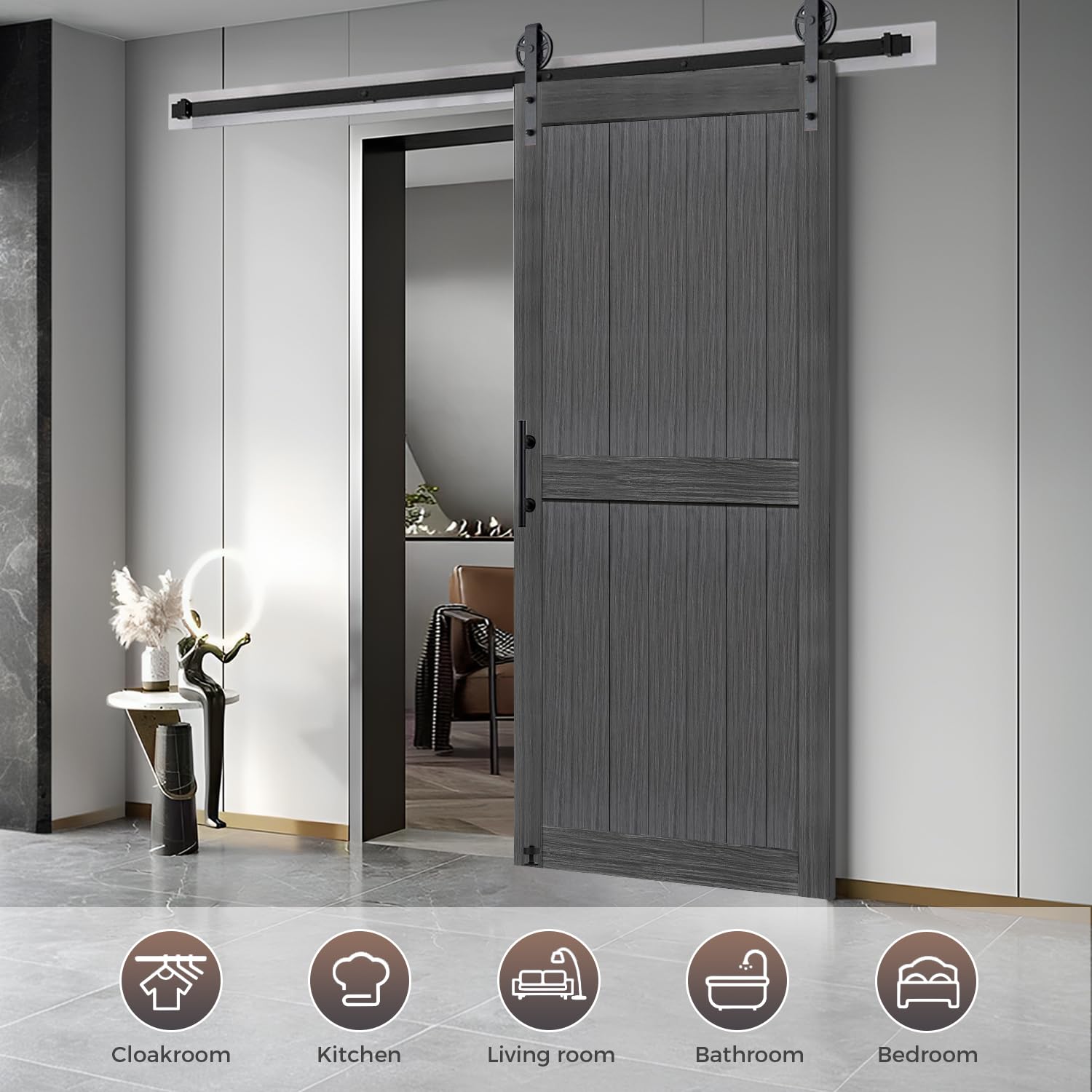 S&Z TOPHAND® 30in x 84in MDF Deep Gray Barn Door with 5FT Sliding Door Hardware Kit, 24-60in Solid Barn Door Slab Covered with Water-Proof PVC Surface, Simple Assembly is Required(Big Wheel)