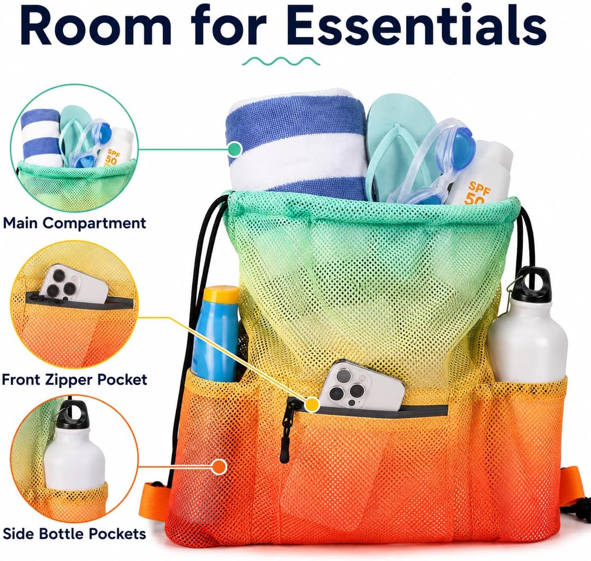 Mesh Drawstring Gym Bag with Zipper Pocket, Beach Swim Bag for Adults