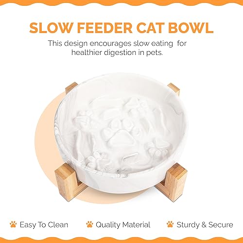 Miniatura 2 de Cuenco de alimentación lenta para gatos, cuenco elevado de cerámica para gatos con soporte, base antideslizante, doble respaldo, comedero lento para