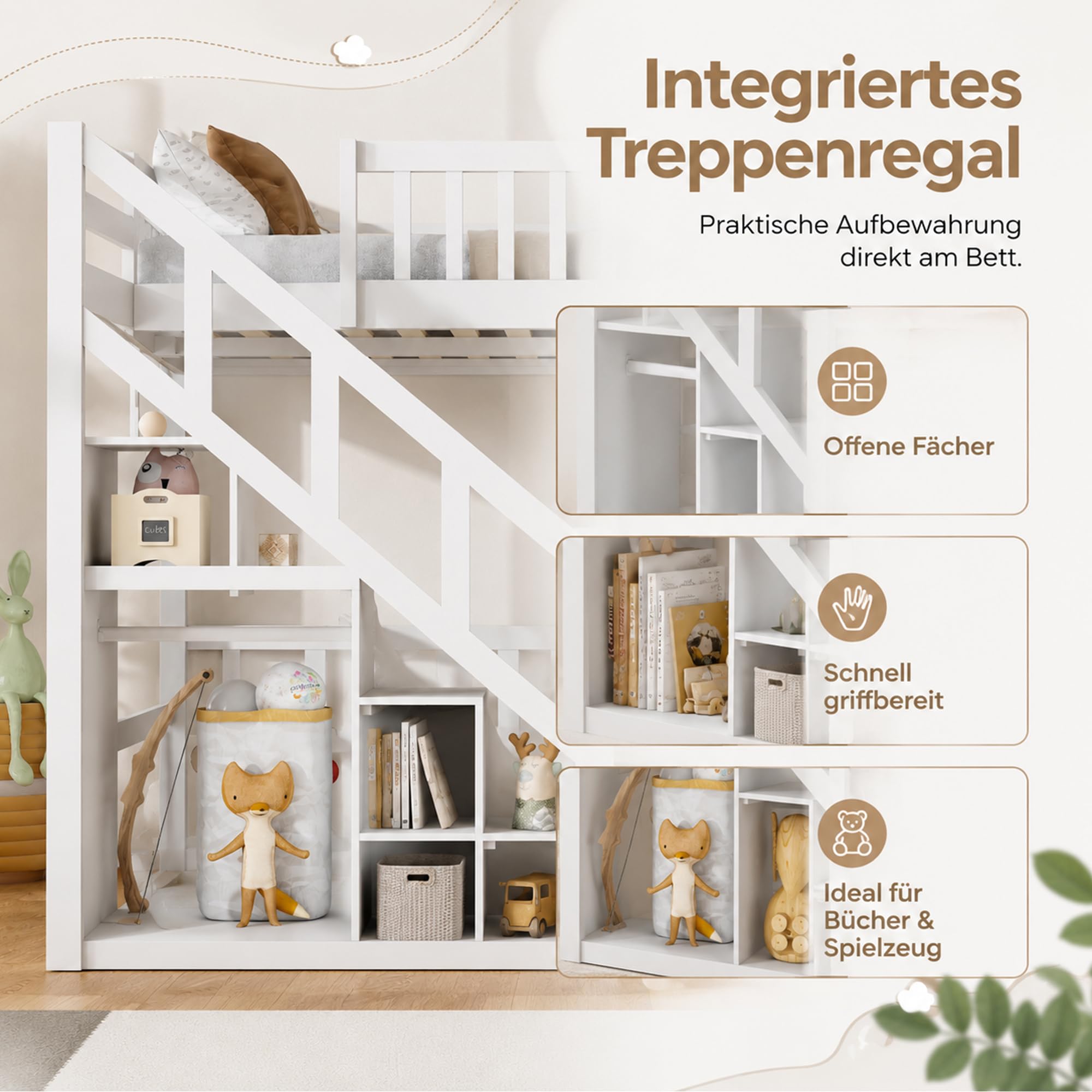 DULRLLY Lit Double Mezzanine 140x200 cm, Lit Superposé Enfant avec Escaliers de Rangement et Barrière de Sécurité, Sommier à Lattes en Bois, Lit Hauteur pour 2 Enfant, Garçon et Fille, Blanc