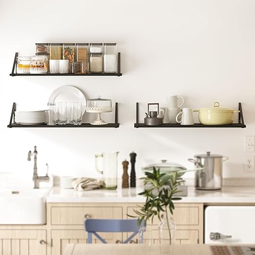 Miniatura 5 de BAMEOS Estantes flotantes de 24 x 8 pulgadas, juego de 3 estantes de pared de madera rústica, estantería para sala de estar, oficina y dormitorio,