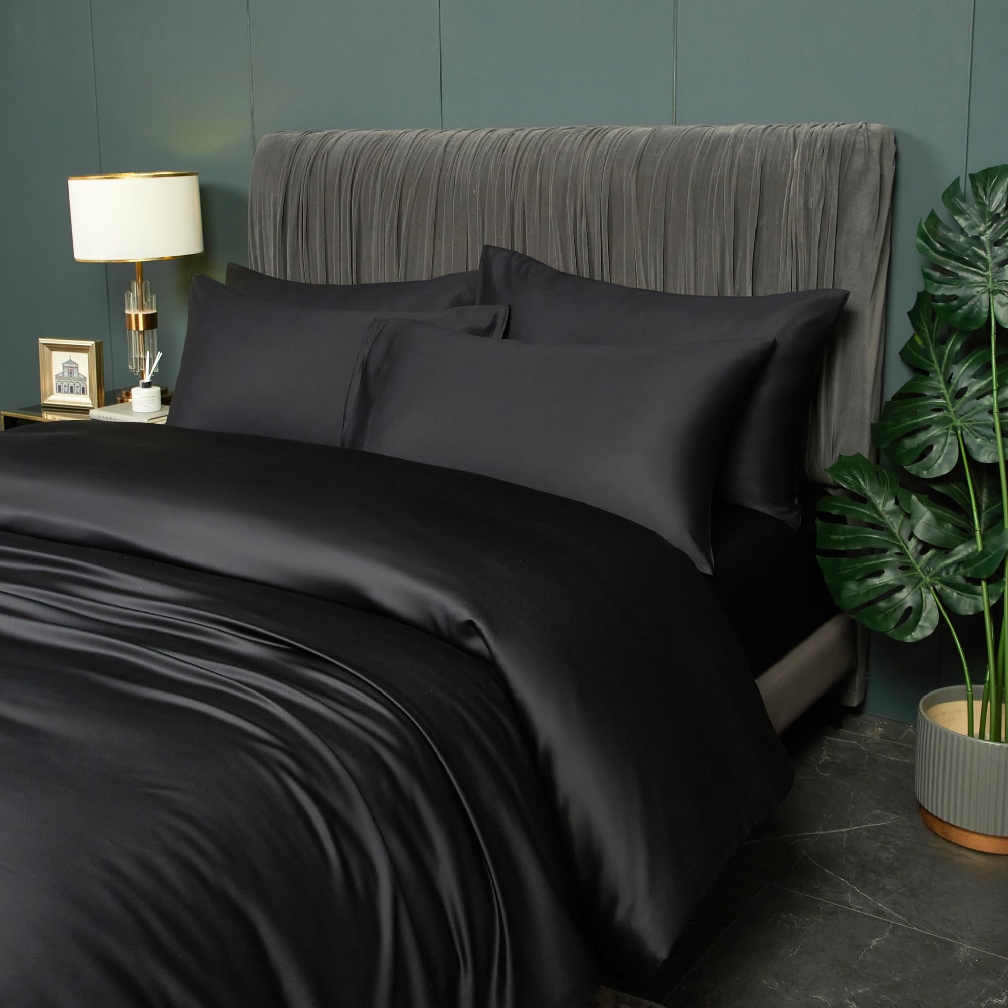 Ropa de cama de verano de 200 x 200 cm, color negro, liso y liso, juego de cama de bambú suave, suave y transpirable, funda nórdica de lujo con cremallera y 2 fundas de almohada de 80 x 80 cm