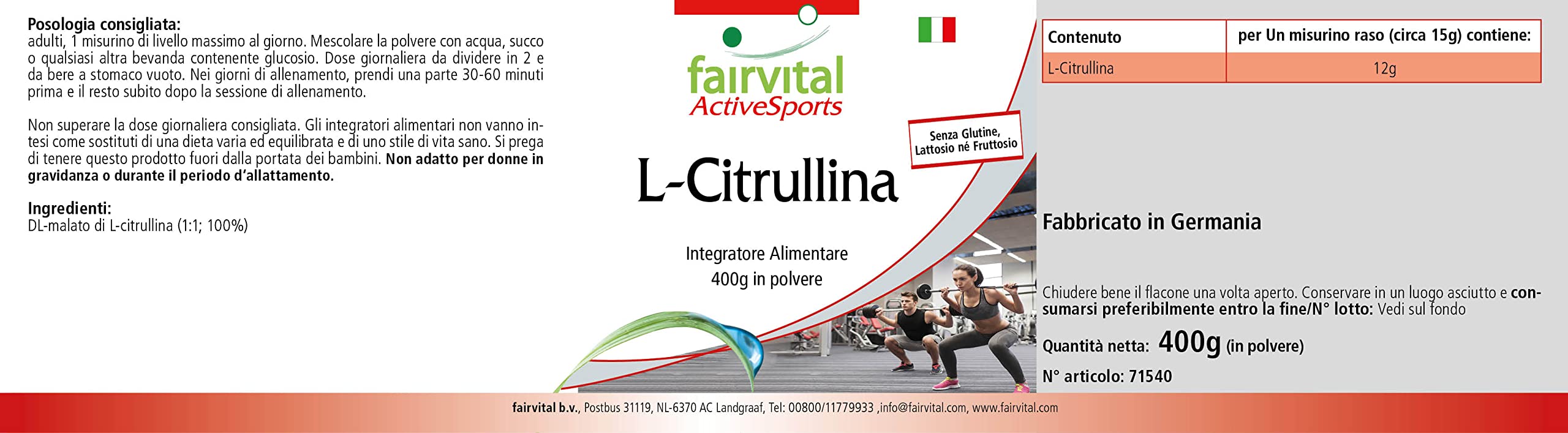 fairvital L-citrulline malate en poudre, 400 g, HAUTEMENT DOSÉE, L-citrulline DL-malate, 100% pure sans additifs