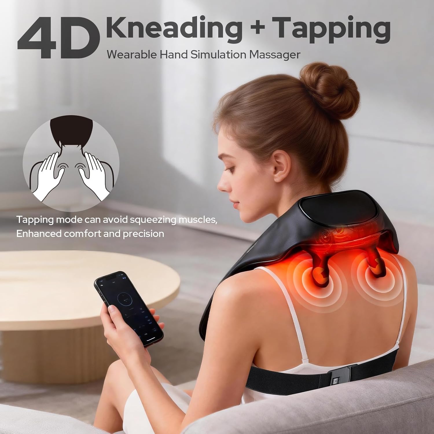 Cordless Shiatsu Neck and Back Massagers with Heat, Rechargeable 4D Kneading + Tapping Wearable Massager, 3 Tapping Intensities, 3 Speeds, Ultra-Quiet Under 45dB for Deep Muscle Relief