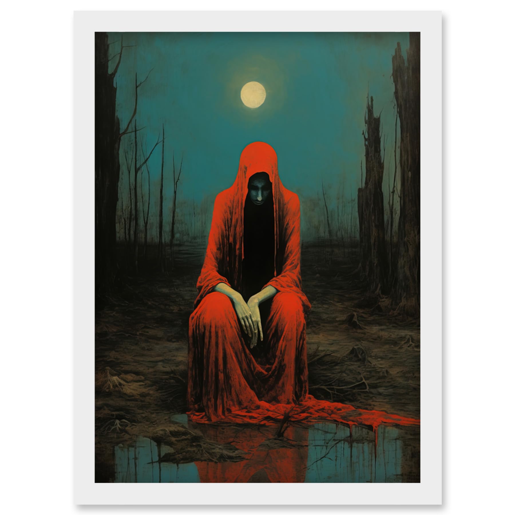 Artery8 Charon in Red Cloak Beksinski Inspired Conceptual Artwork Full Moon Barren Landscape Artwork Framed Wall Art Print A4