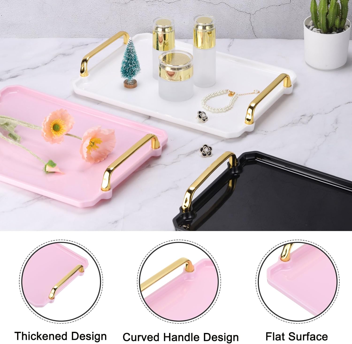 PATIKIL 16.1 x 8.7 Inches Plastic Serving Tray with Golden Handles, Reusable Tray Rectangular Party Platters for Dessert Coffee Tea Table, Living Room Kitchen Countertop, Pink