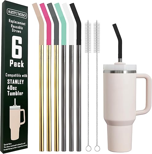 Paquete de 6 popotes rectos reutilizables de acero inoxidable de 12 pulgadas, con 6 puntas de silicona y 2 cepillos de limpieza, para vaso Stanley,