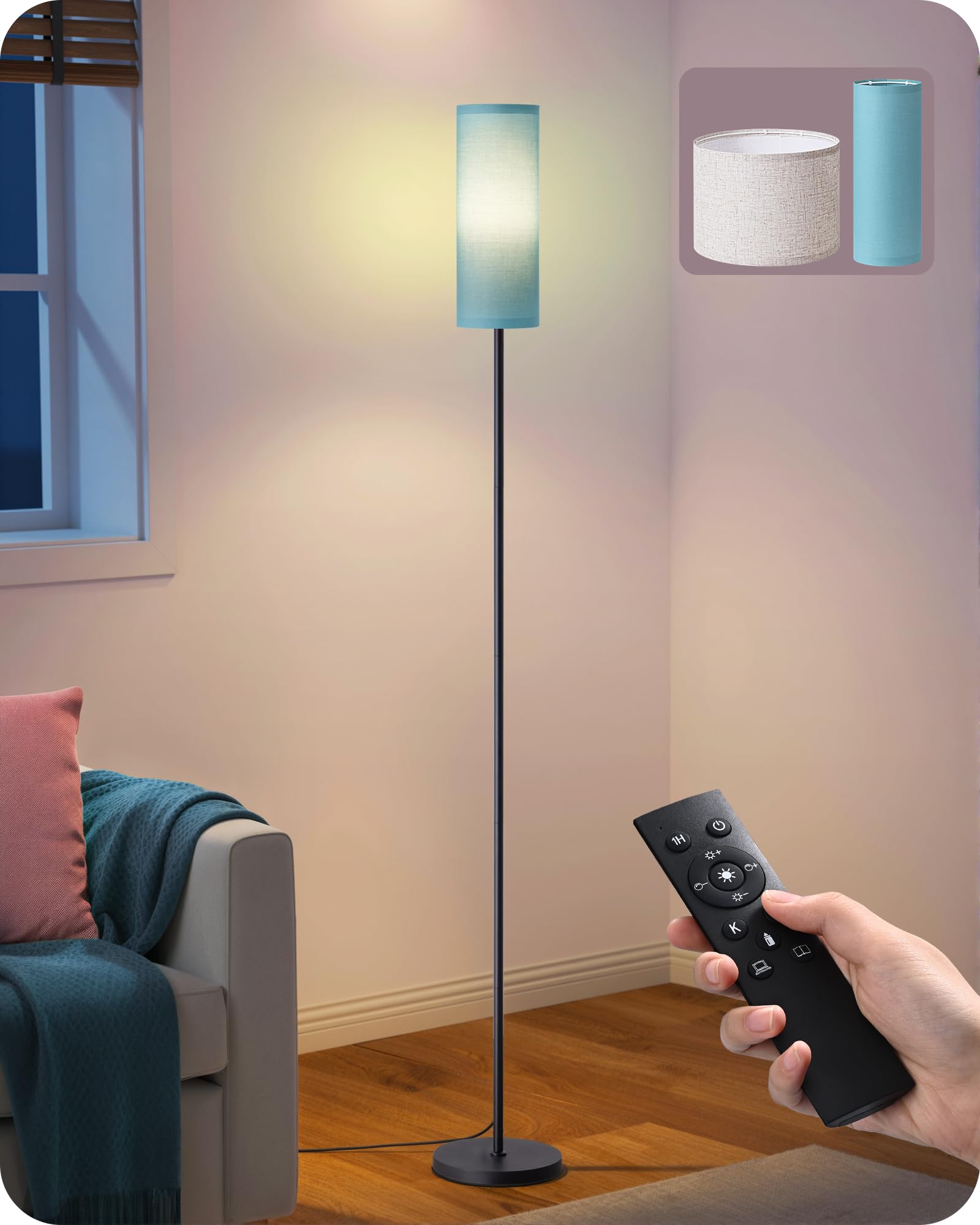 Photo 1 of EDISHINE Modern Floor Lamps for Living Room, 63.7" Colorful Floor Lamp with Two Shades, Remote Control Foot Switch, 2700-6000K Dimmable Minimalist Standing Lamp for Bedroom, 9W Bulb Included, Blue