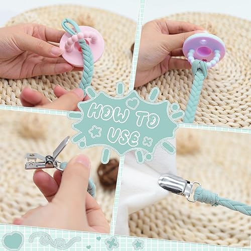 Miniatura 4 de 4 clips para chupete, clips para chupete para niños y niñas bebés, clips trenzados 100% hechos a mano, se adaptan a todos los chupetes (azul,
