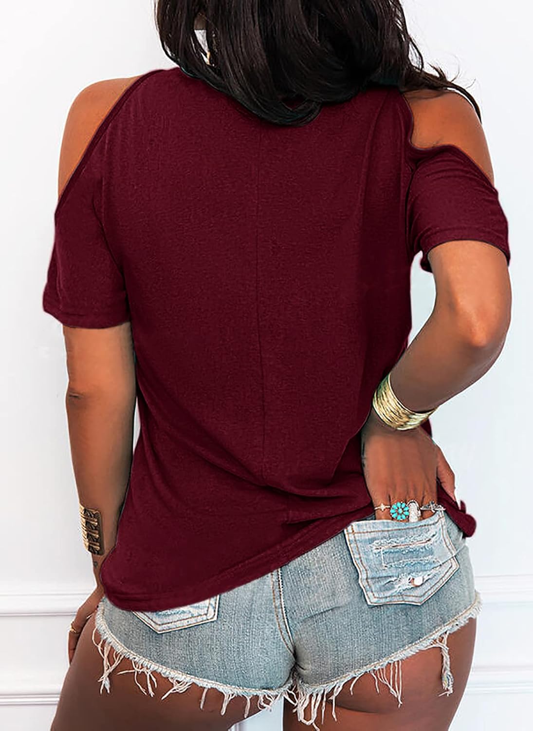 Eurivicy Women's Summer Cold Shoulder T-Shirt Casual Short Sleeve V Neck Blouse Top - Image 3