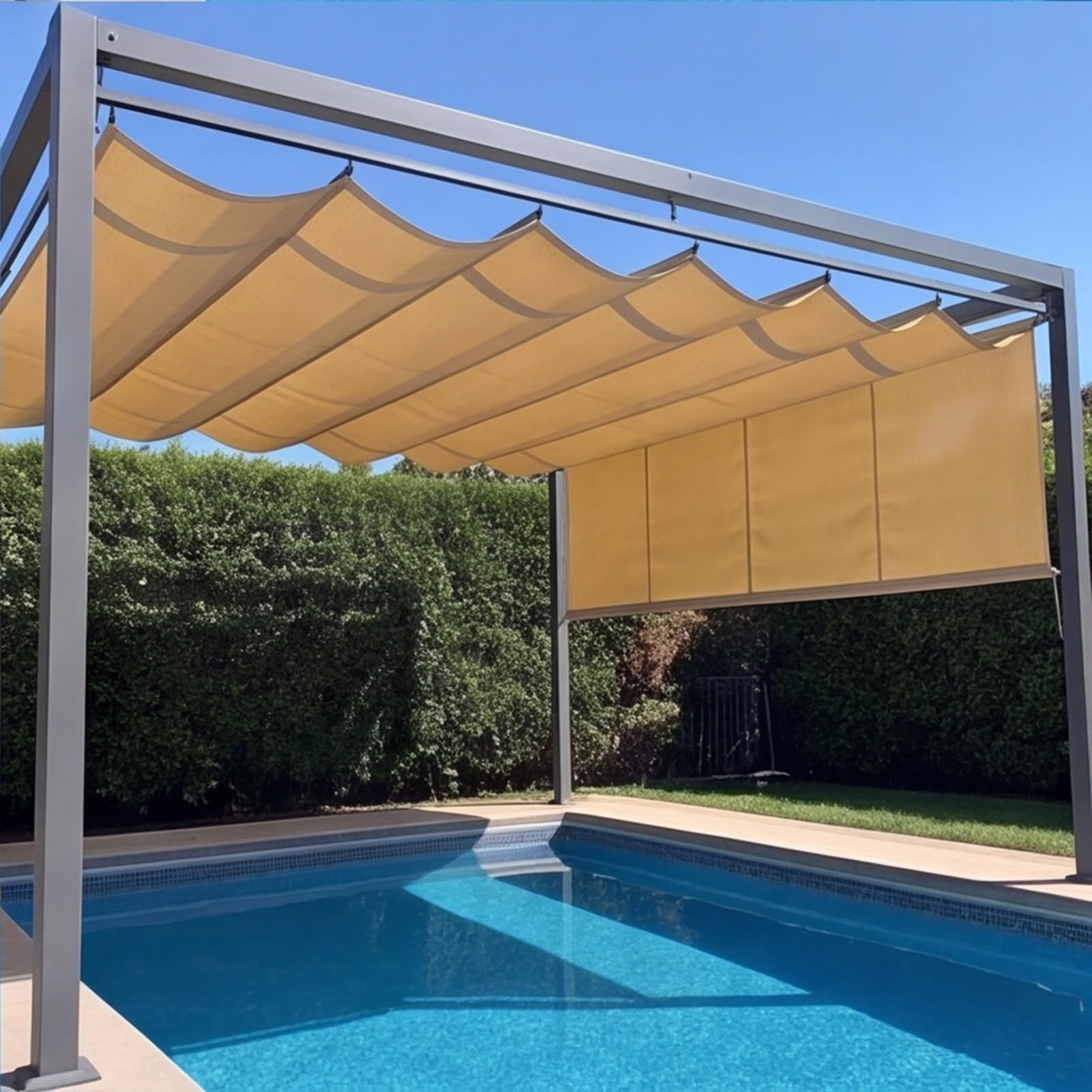 Wysuwany falisty żagiel przeciwsłoneczny 3,3 x 4,1 m, z oczkami i sznurkiem na wymiar, pergola, markiza, ochrona przed promieniowaniem UV, wodoszczelny, ochrona przed słońcem na taras, pergolę, do