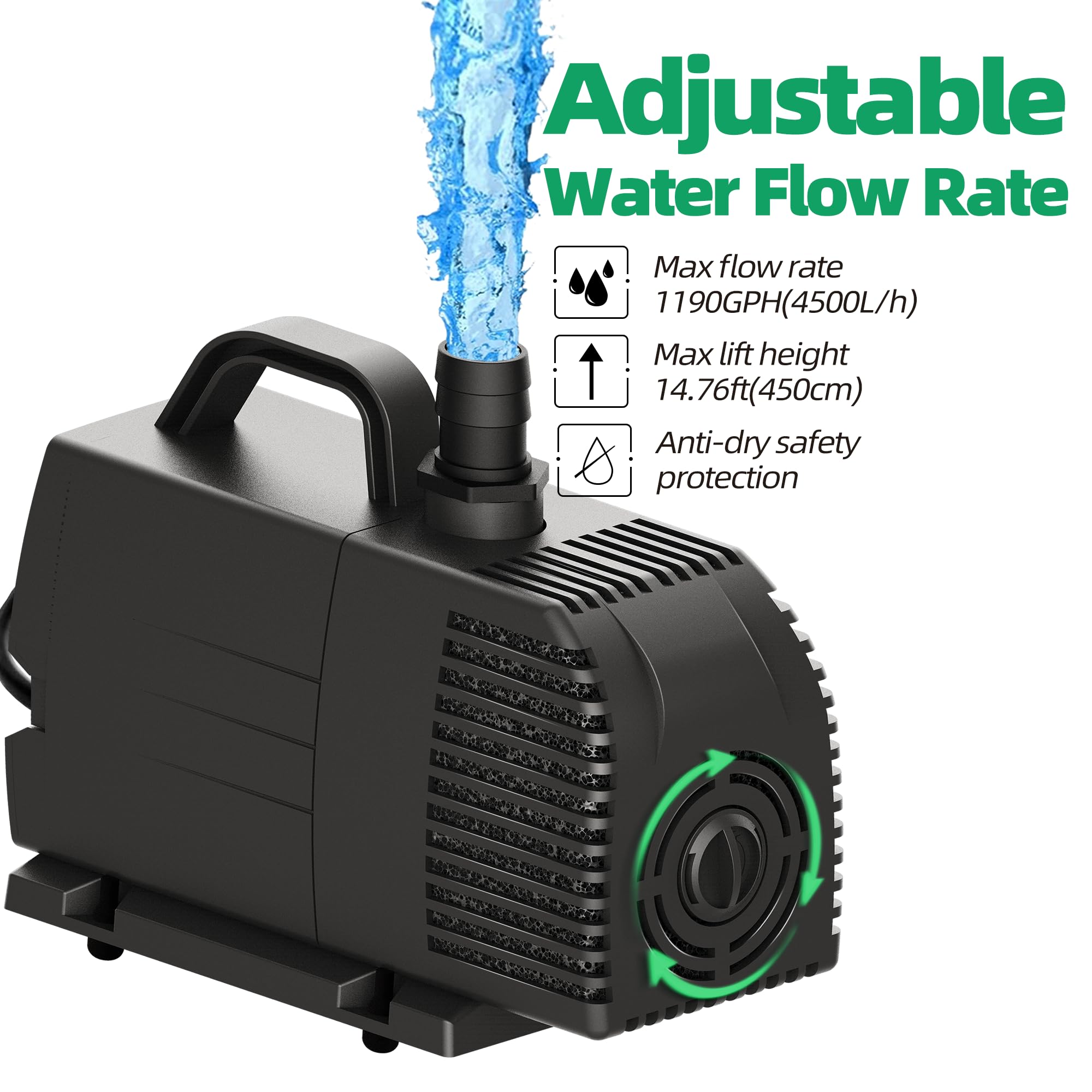 Submersible Pump 1190GPH 4500L/H Overheating Protection Function Ultra Quiet Aquarium Pump Water Pumps (83W) with 5m Cable for Fountains hydroponic Systems Fountain Pumps Black - Image 2