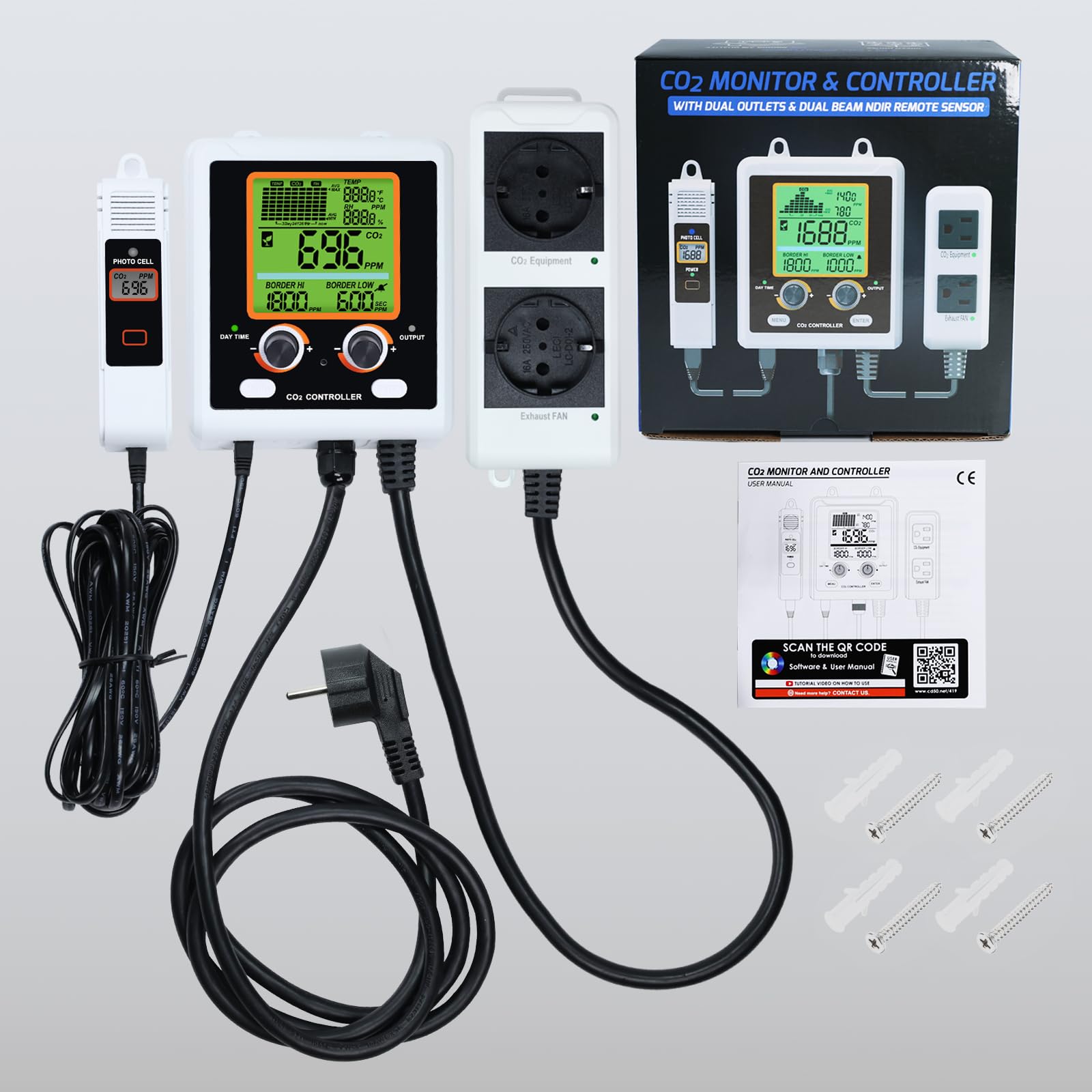 CO2-Controller mit zwei Steckdosen für den Grow Room, Zwei Smart-Steckdosen steuern automatisch CO2-Regler und Ventilatoren, NDIR-Sensor CO2-Monitor und Controller mit großem Display für CO2-Diagramm