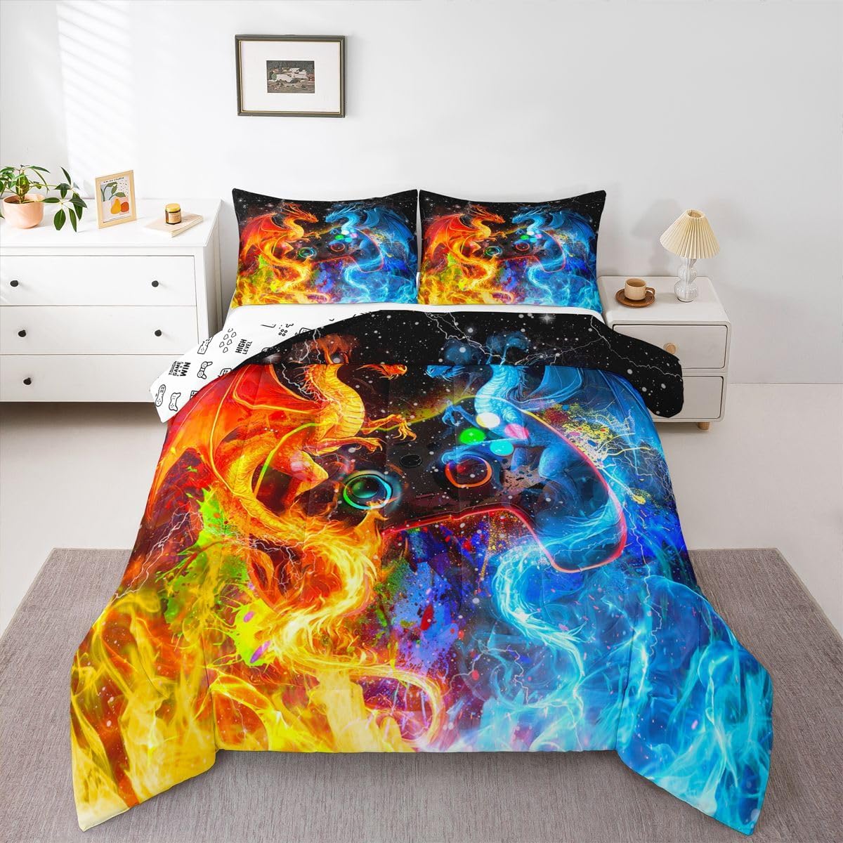 Feelyou Kids Queen Size Gamer Comforter Set Dragon Gaming Bedding Set Ice Fire Dragon Comforter for Kids Boys Girls Gamepad Duvet Insert Adult Bedroom Decor with 2 Pillow Case