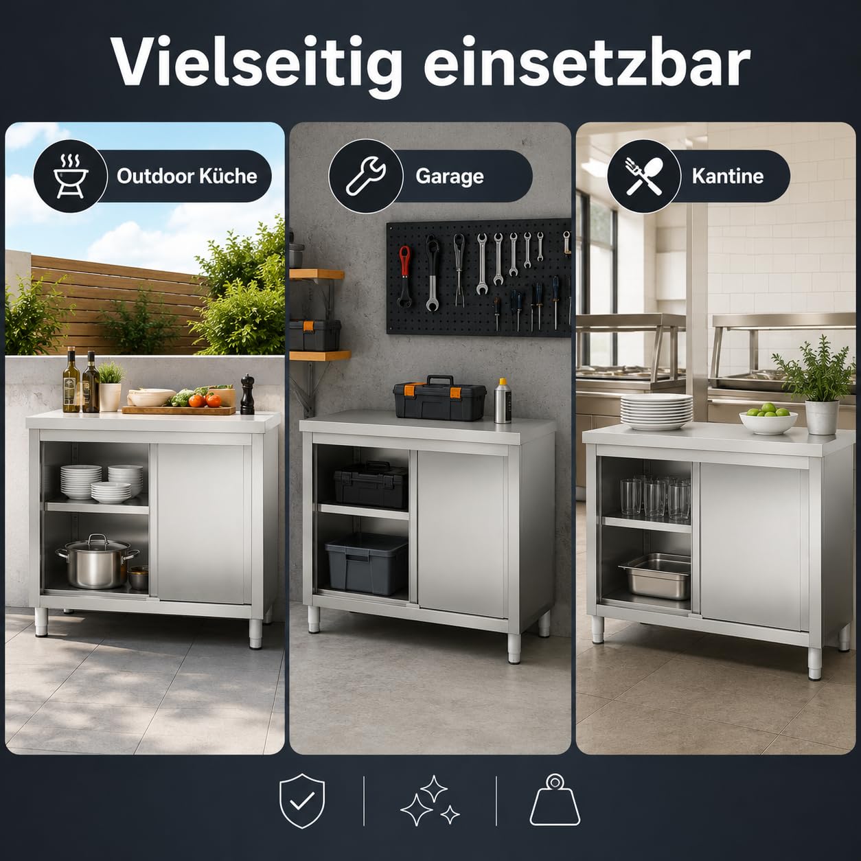 Outdoor Küche Edelstahl, 100x50x86cm Edelstahl Schrank mit Schiebetüren und Arbeitsplatte, 5-20 cm Verstellbare Höhenlagerung Bodenstehend Arbeitsschrank Küchenarbeitstisch für Küche, Garage, Kantinen