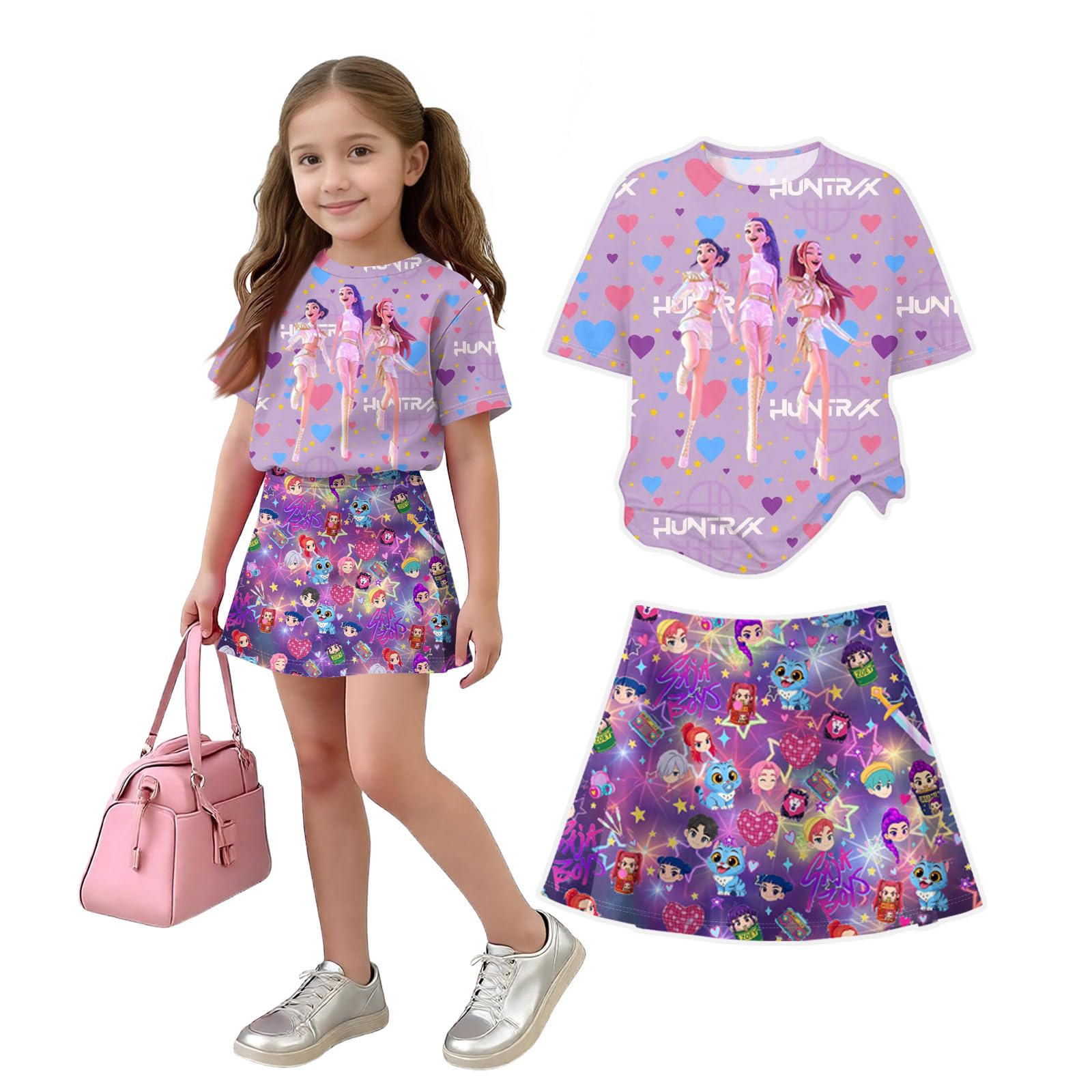 K Pop Short Sleeve T-Shirt and Skirts Outfits Set for Girls Hunters Girl's Anime Graphic Tees De-Mon Summer Sets — view 7