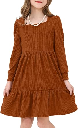 JiAmy Toddler Dress Little Girls Long Sleeve Sweater Knit Fall Winter Casual Tiered Dresses with Pocket