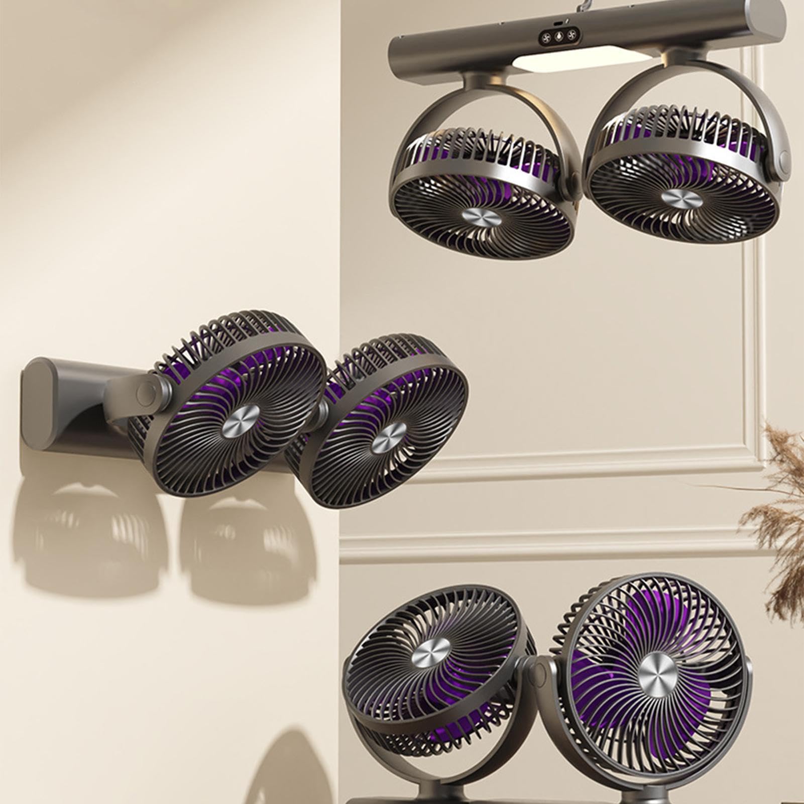 Ventilatore da parete Doppia Testa Ricaricabile Rotazione Multi-Angolo | Ventilatore Per Comodino Per Campeggio, Ufficio, Casa, Esterno, Tenda, Palestra, Studio E Lettura