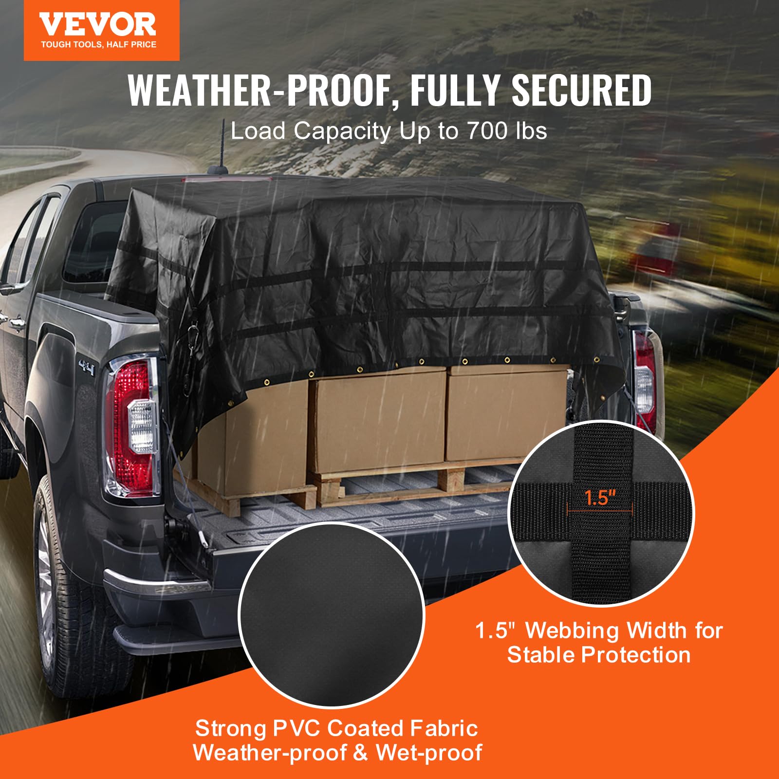 VEVOR Frachtnetz, 305 x 267 mm, LKW-Ladeflächennetz, 4 verstellbare Gurte mit Karabinern und gummibeschichteten Haken, Transportnetz, Gepäcknetz geeignet für Pickup, Jeep, LKW, SUV, Boot (schwarz)