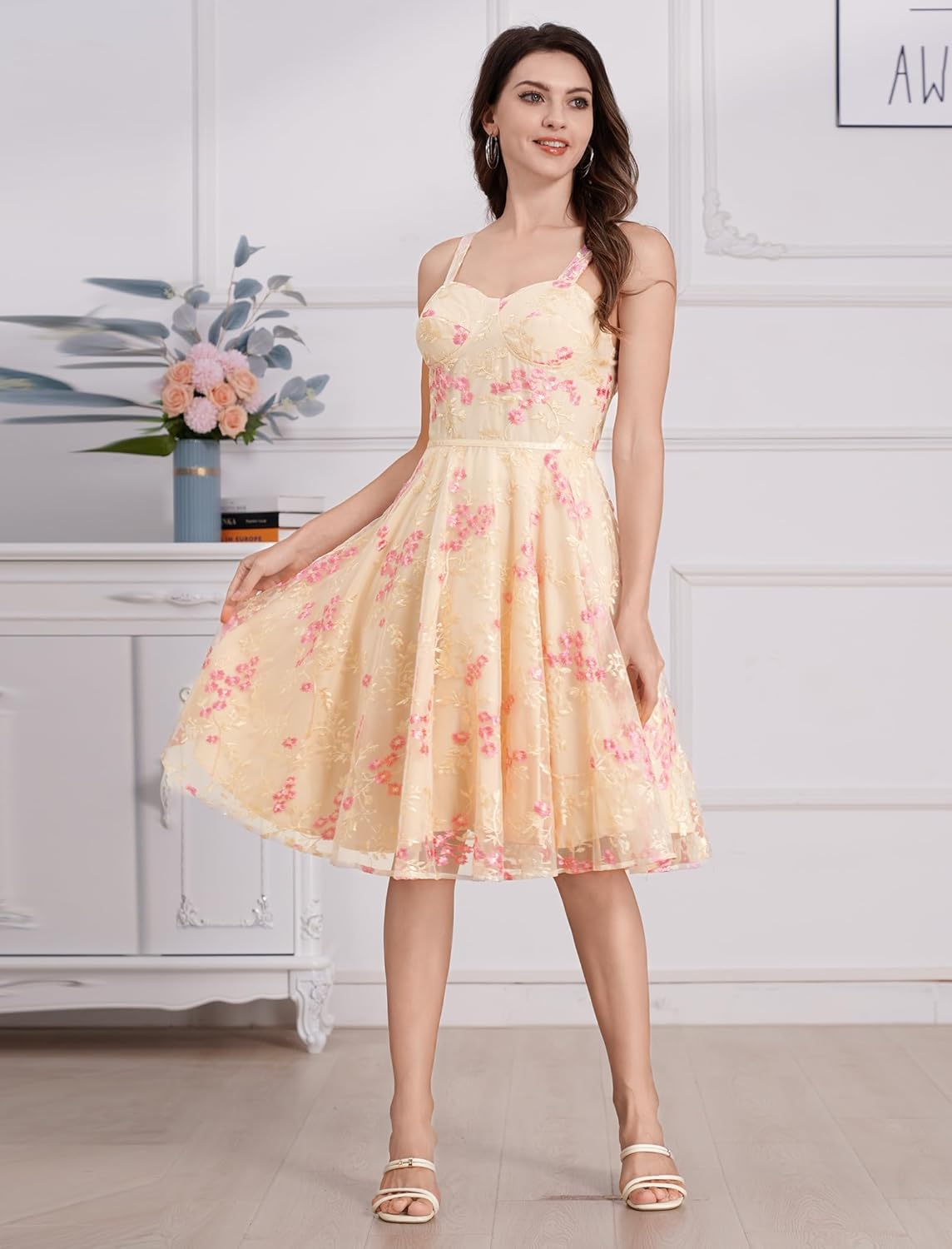 IWEMEK Women Spaghetti Strap Floral Lace Bridesmaid Cocktail Party Dress Cold Shoulder Ruffle Sleeve Wedding Guest Prom Dress - Image 2