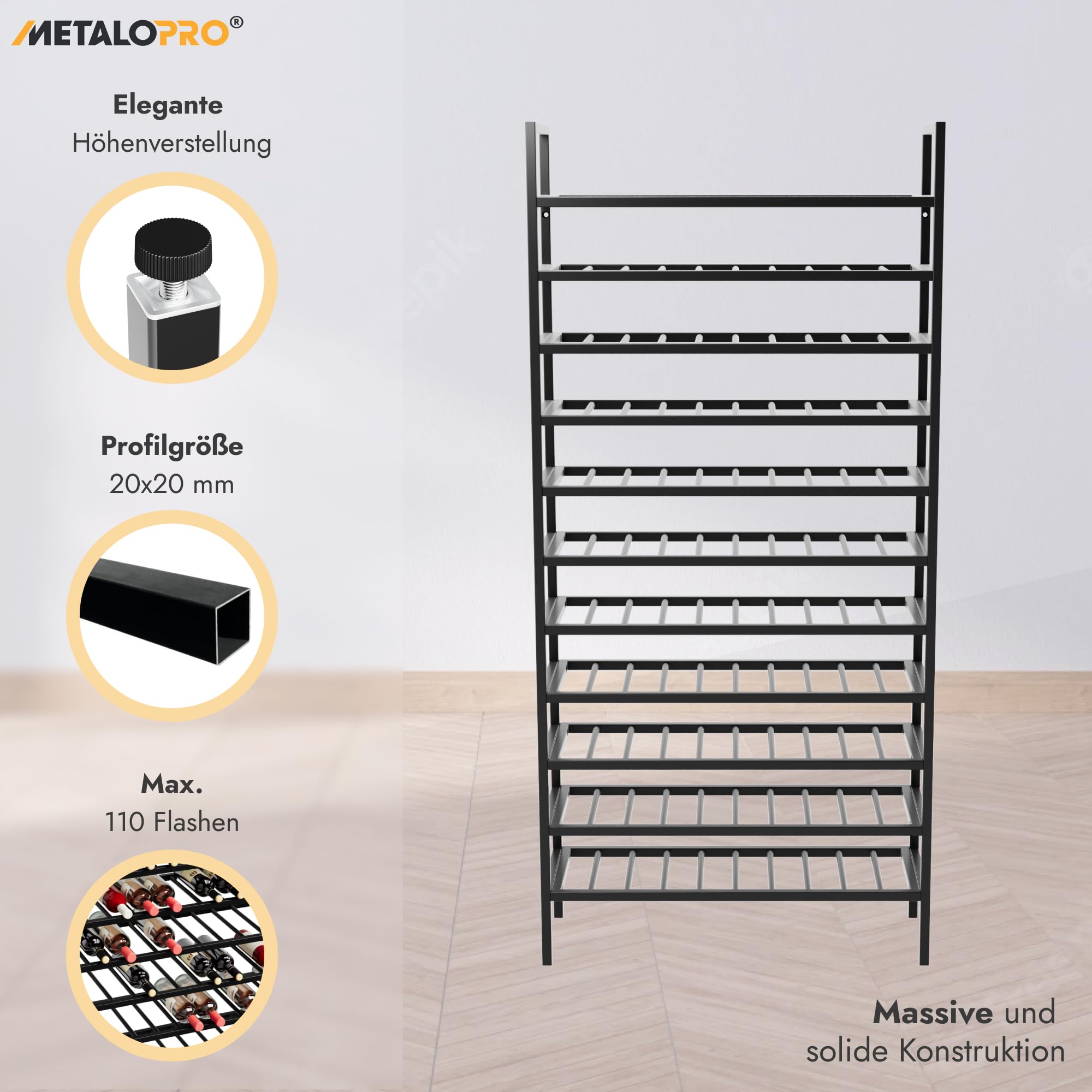 Weinregal Jerez – Schwarzes Metallregal Für 110 Weinflaschen, Robustes Design, Ideal Für Küche, Keller Oder Bar – 170×80×30cm
