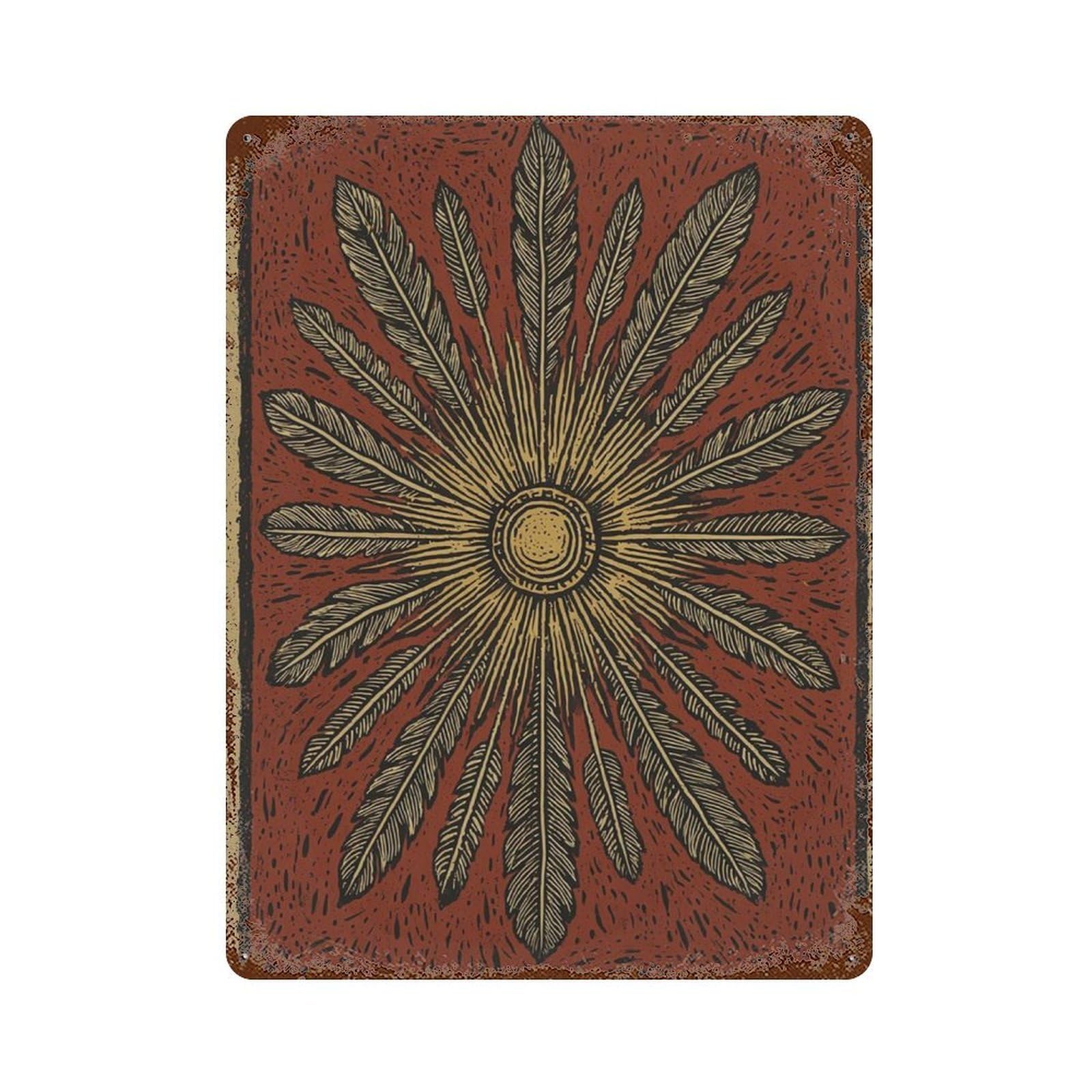 xiaoxiaoshen Feather Sunburst Rustic Boho Sun in Folk Style Wall Decor Art Metal Tin Poster Modern Home Decor Art Home Bar Shop Decorations Vintage Sign 40x30cm