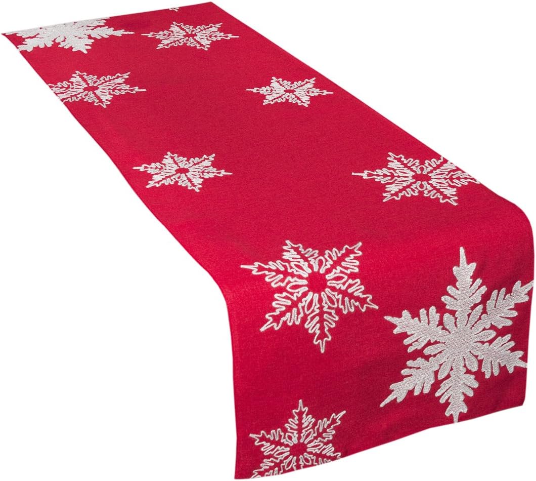 XD17141 Glisten Snowflake Embroidered Christmas Table Runner, 16 by 54-Inch, Red