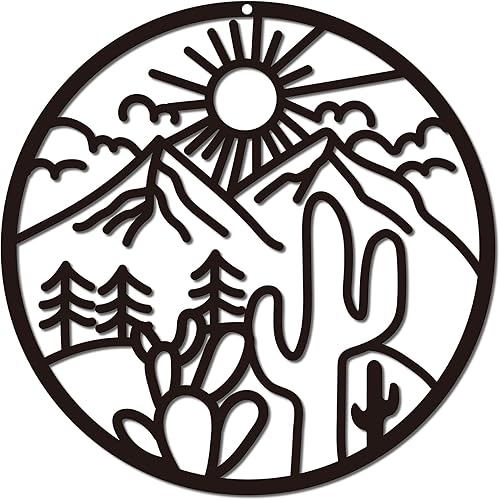 CREATCABIN Arte de pared de metal, cactus, sol, montaña, bosque, decoración de paisaje, placas colgantes, adornos, escultura, letrero de arte