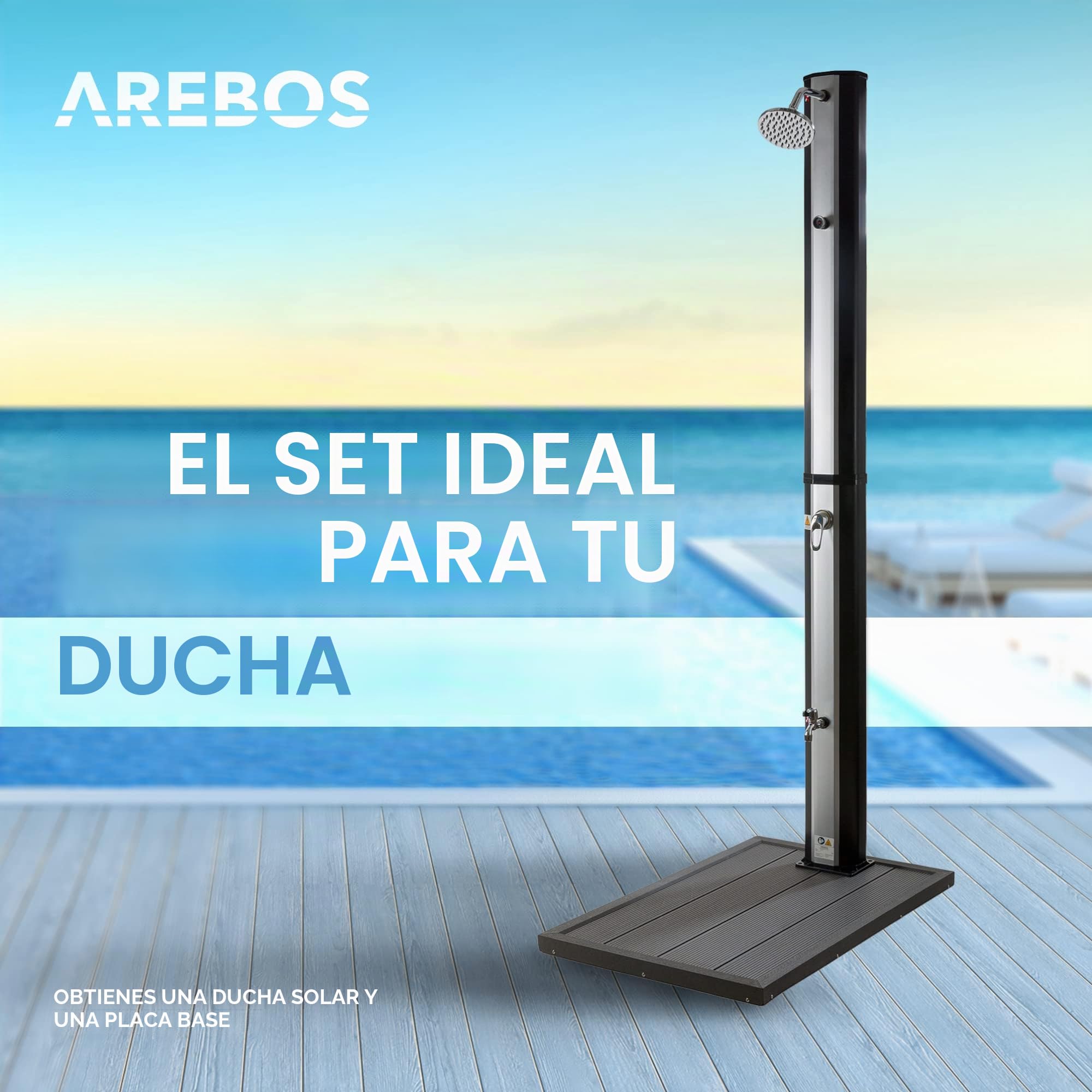Arebos Ducha Solar 35L y Elemento de Suelo | con termómetro Integrado y Ducha de pie | Incl.Portada | Ducha de Piscina para el jardín | Temperatura del Agua hasta 60°C