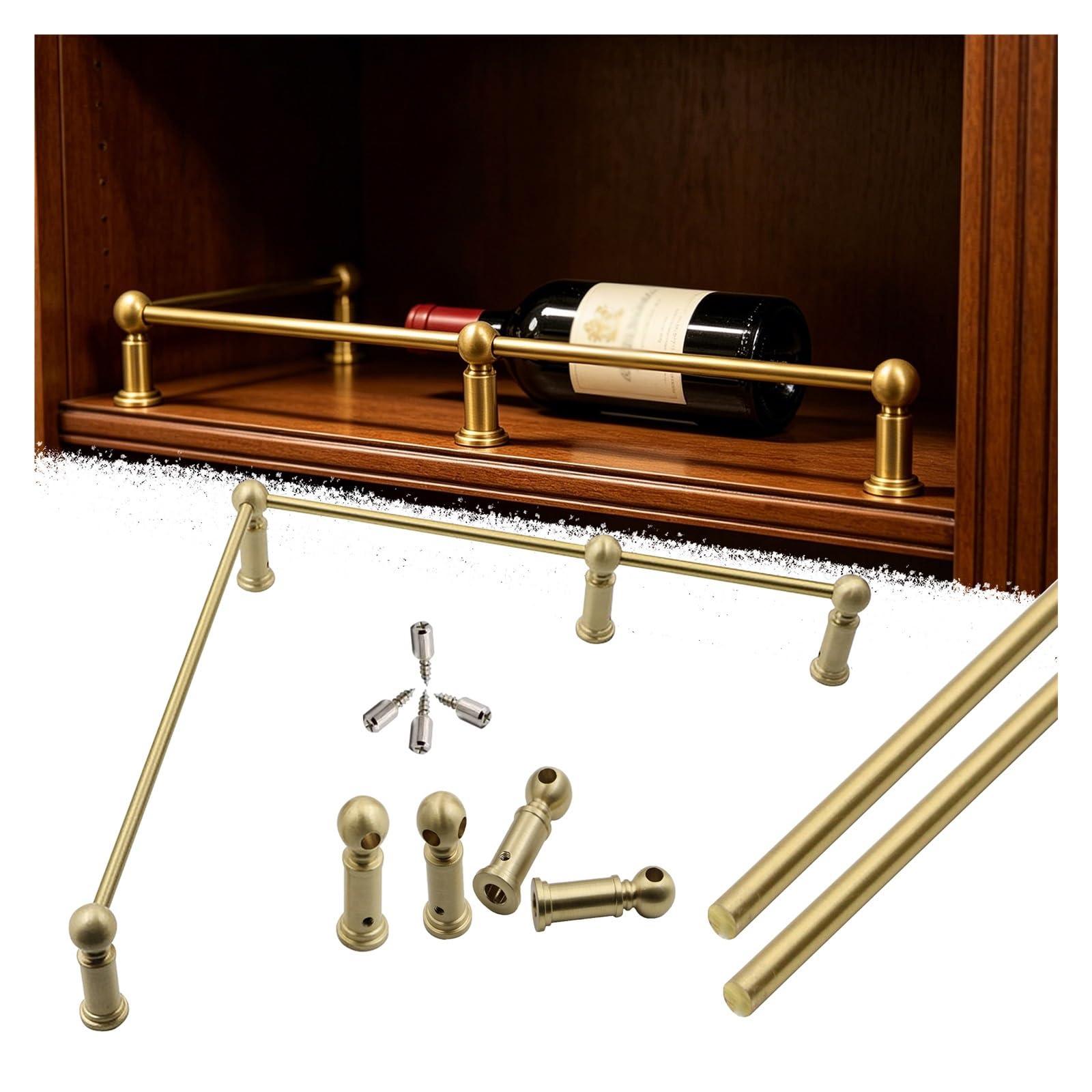 Peynir Brass Wine Cabinet Tipping Rails For Shelves Corner, Long Solid Shelf Rail With Spindles & Screws, Bottle/Book/Plant Fall Prevention Shelf Edge Fence Set(11″/28Cm)