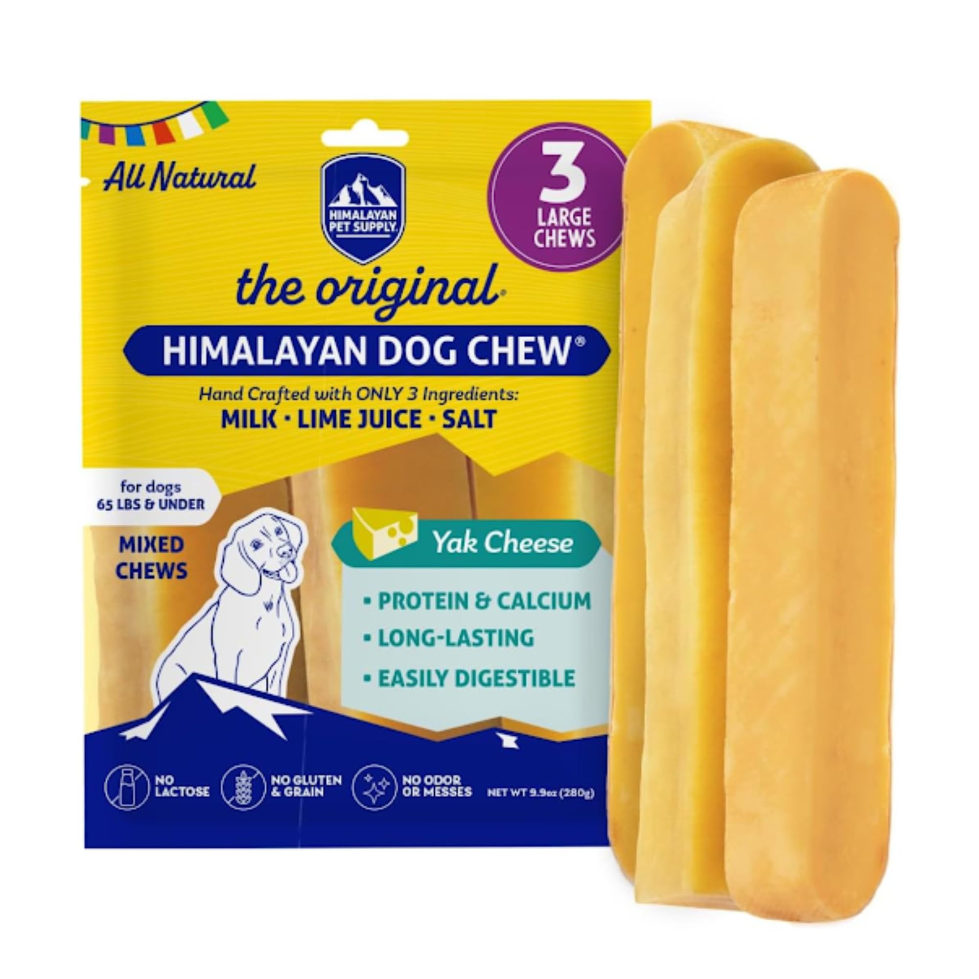 Himalayan Dog Chew Original Yak Cheese Dog Chews, The Better-For-You Chew, 100% Natural, Long Lasting, Healthy Safe Dog Treats, Lactose & Grain Free, Protein Rich, For Dogs 65 Lbs & Smaller, 3-Count