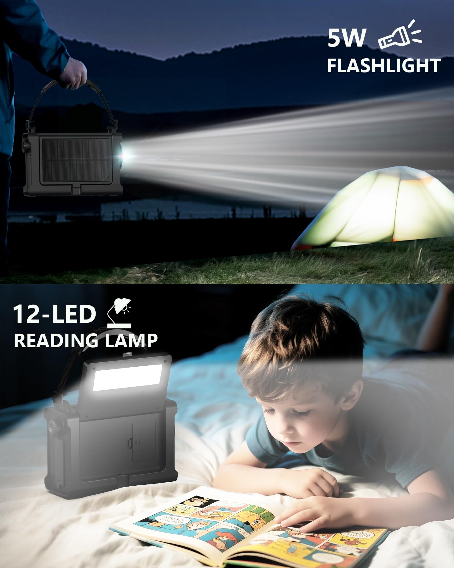Radio meteorologica di emergenza con grande pannello solare, manovella efficiente e batteria reale da 12000 mAh, bande AM/FM/NOAA, torcia a LED, lampada da lettura, allarme SOS e caricabatterie per