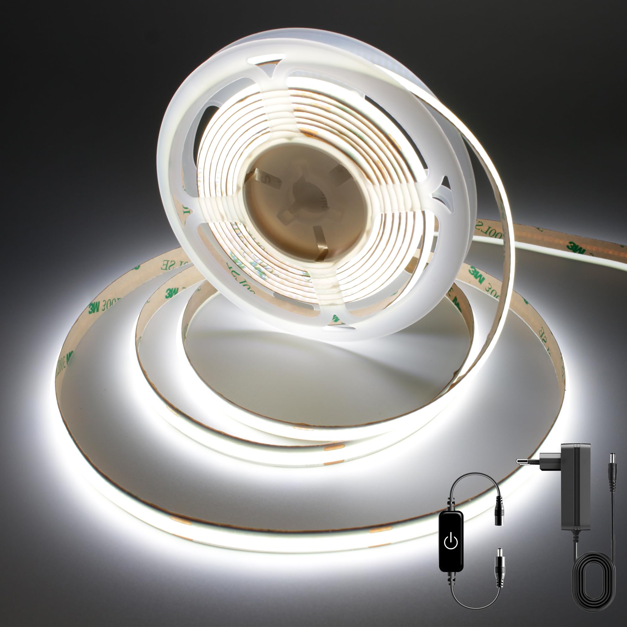 FUIQI COB LED Strip 3M,Dimmable Dotless LED Strip Lights with Touch Controller,Cool White 6000K with Power Supply,8mm Wide,CRI>90 24V LED Band for Indoor Room,Kitchen,Bookshelf,Mirrors — image 1