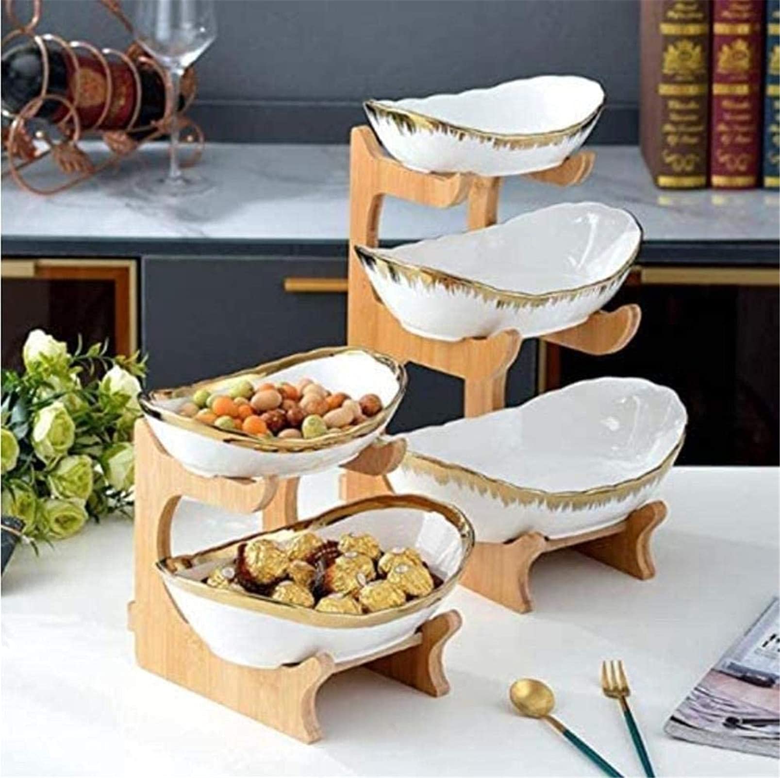 Cesto di Frutta in Ceramica Ciotola di Frutta 2 Piani, Decorazione della tavola Set di Frutta e Verdura (ripiano in bambù e Legno * 1, Ciotola in Ceramica * 2), per Torta Frutta SN