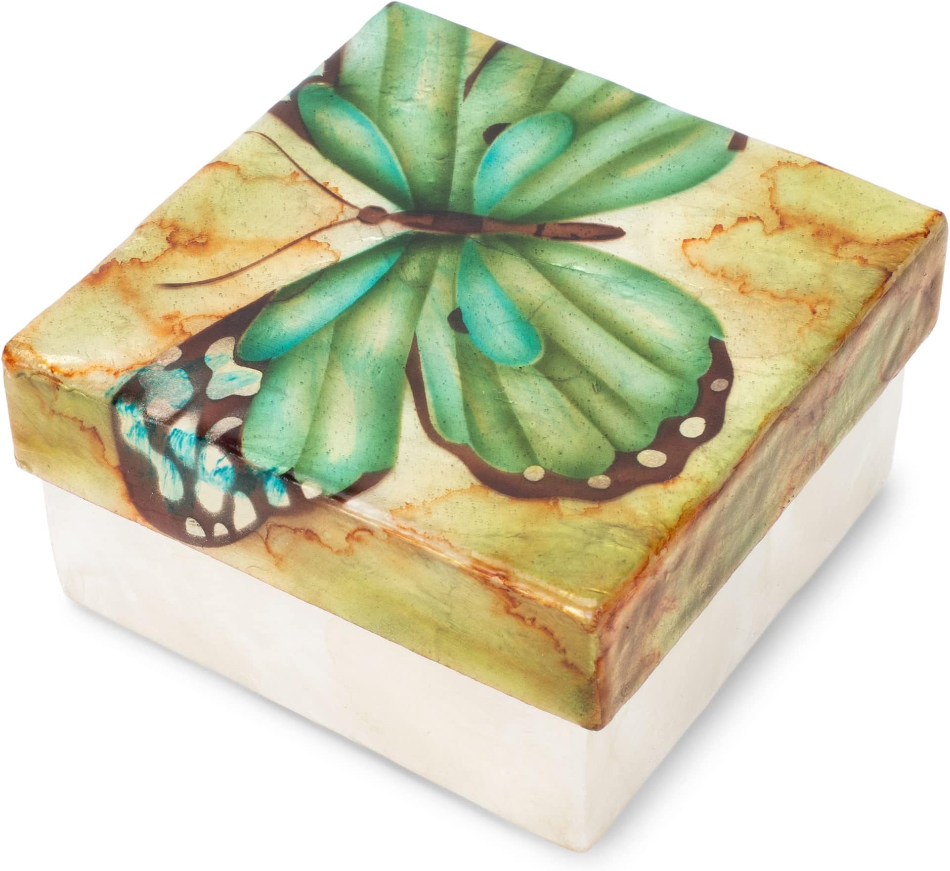 - Hand Painted Iridescent Capiz Shell Square 3 x 3 inch Keepsake Decorative Memory Trinket Jewelry Ring Earring Necklace Organizer Vintage Box with Lid, Blue Green Butterfly